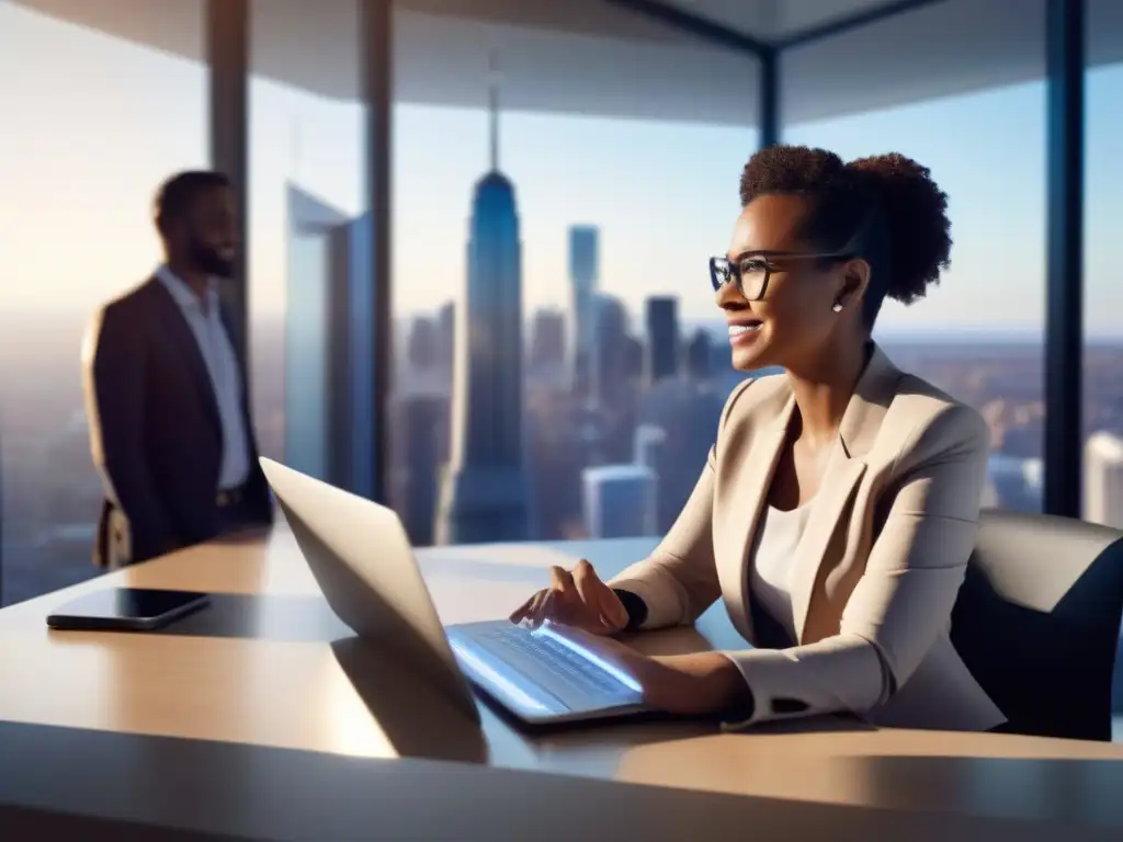 Mujer profesional lidera innovadora videoconferencia de IA Una mujer profesional en una videoconferencia inteligente con IA, rodeada de tecnología avanzada en una oficina moderna y soleada