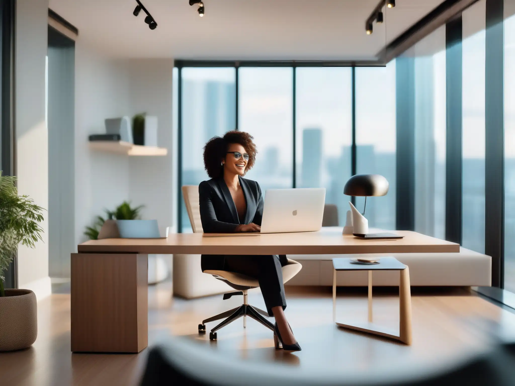 Mujer profesional liderando videoconferencia en oficina moderna Una mujer profesional participa en una videoconferencia desde su oficina en casa, reflejando productividad y adaptabilidad en el trabajo remoto