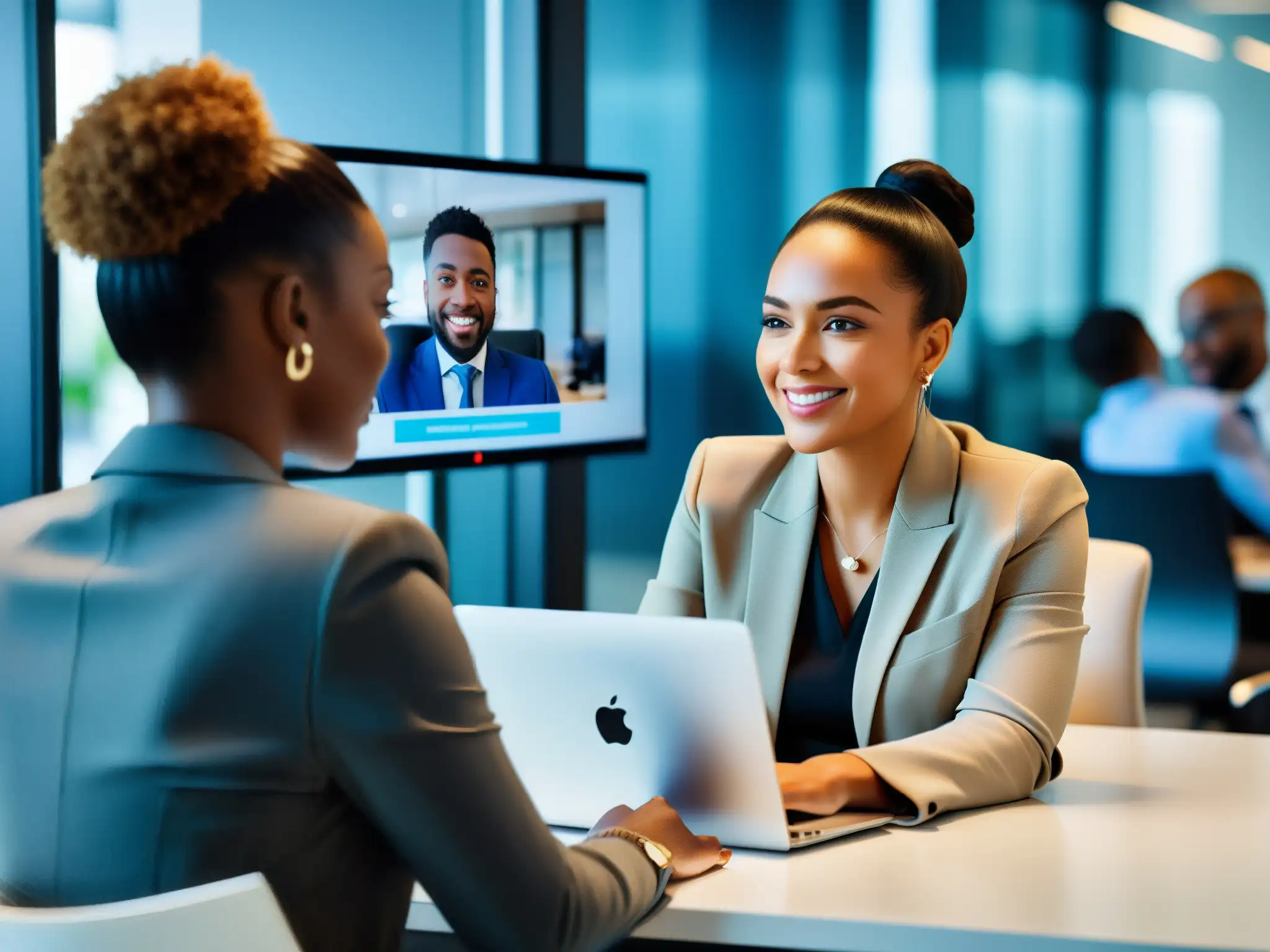 Conferencia virtual profesional: conectividad y colaboración Una mujer profesional participa en una videoconferencia en una oficina moderna y bien iluminada