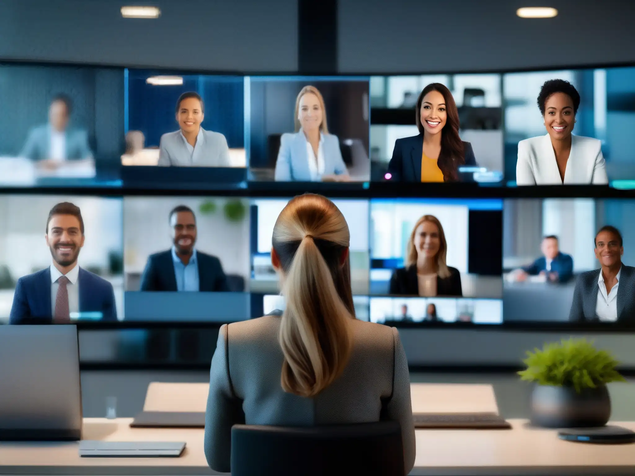 Mujer profesional lidera videoconferencia segura en oficina moderna Una mujer profesional lidera una videoconferencia segura en un moderno y elegante despacho, transmitiendo seguridad en videoconferencias multidominio