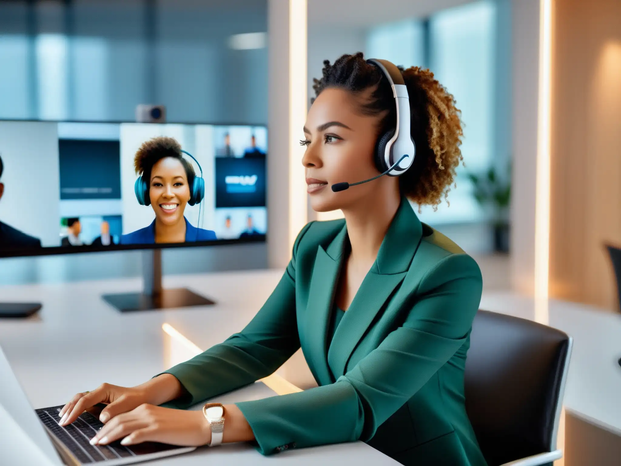 Videoconferencia profesional con fondo virtual de oficina elegante Una mujer profesional en una videoconferencia con ventajas de fondos virtuales videoconferencias, en un espacio luminoso y moderno