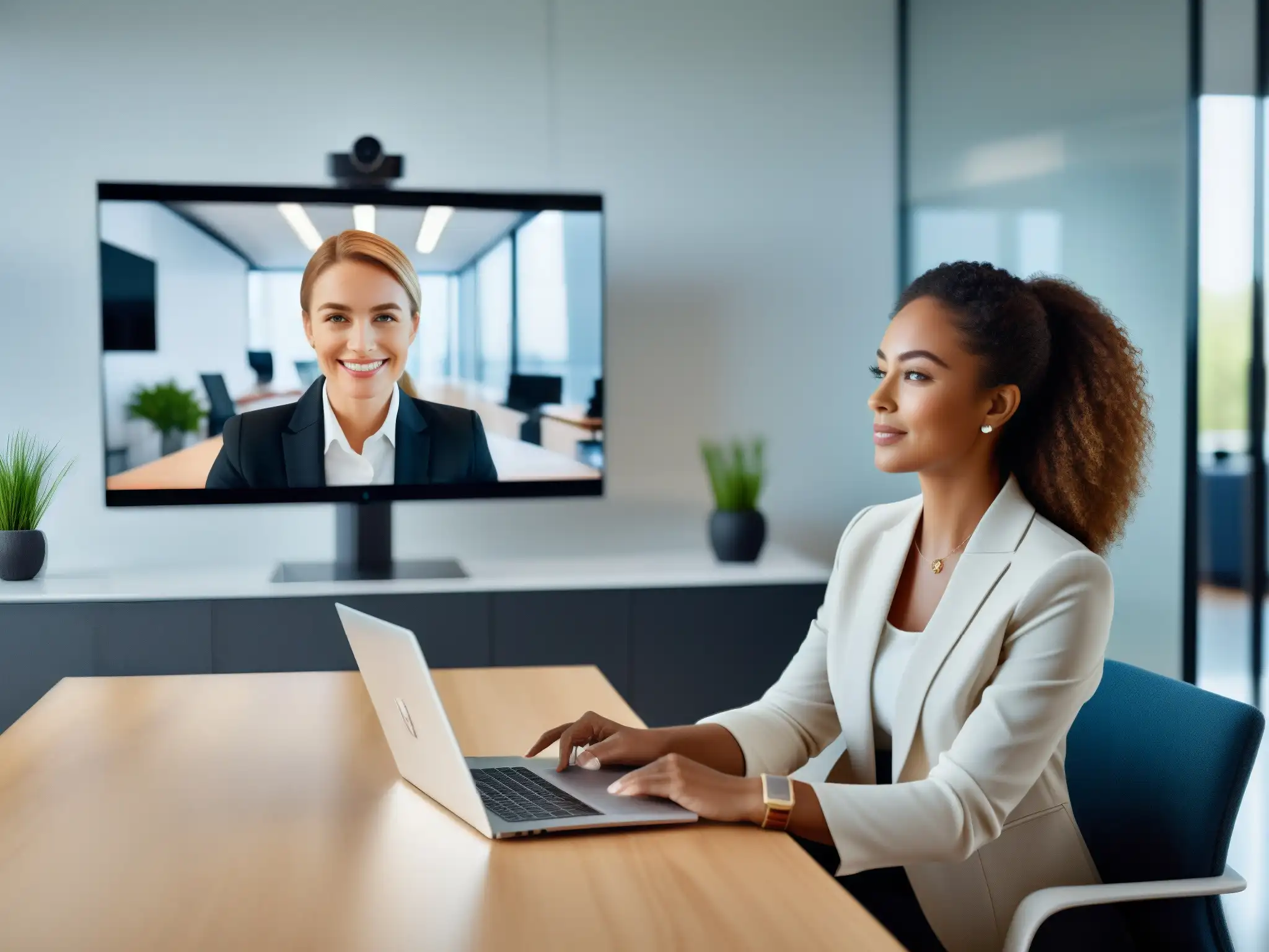 Videoconferencia AI en oficina moderna Una mujer profesional utiliza tecnología AI para videoconferencias corporativas en una oficina moderna, colaborativa e innovadora