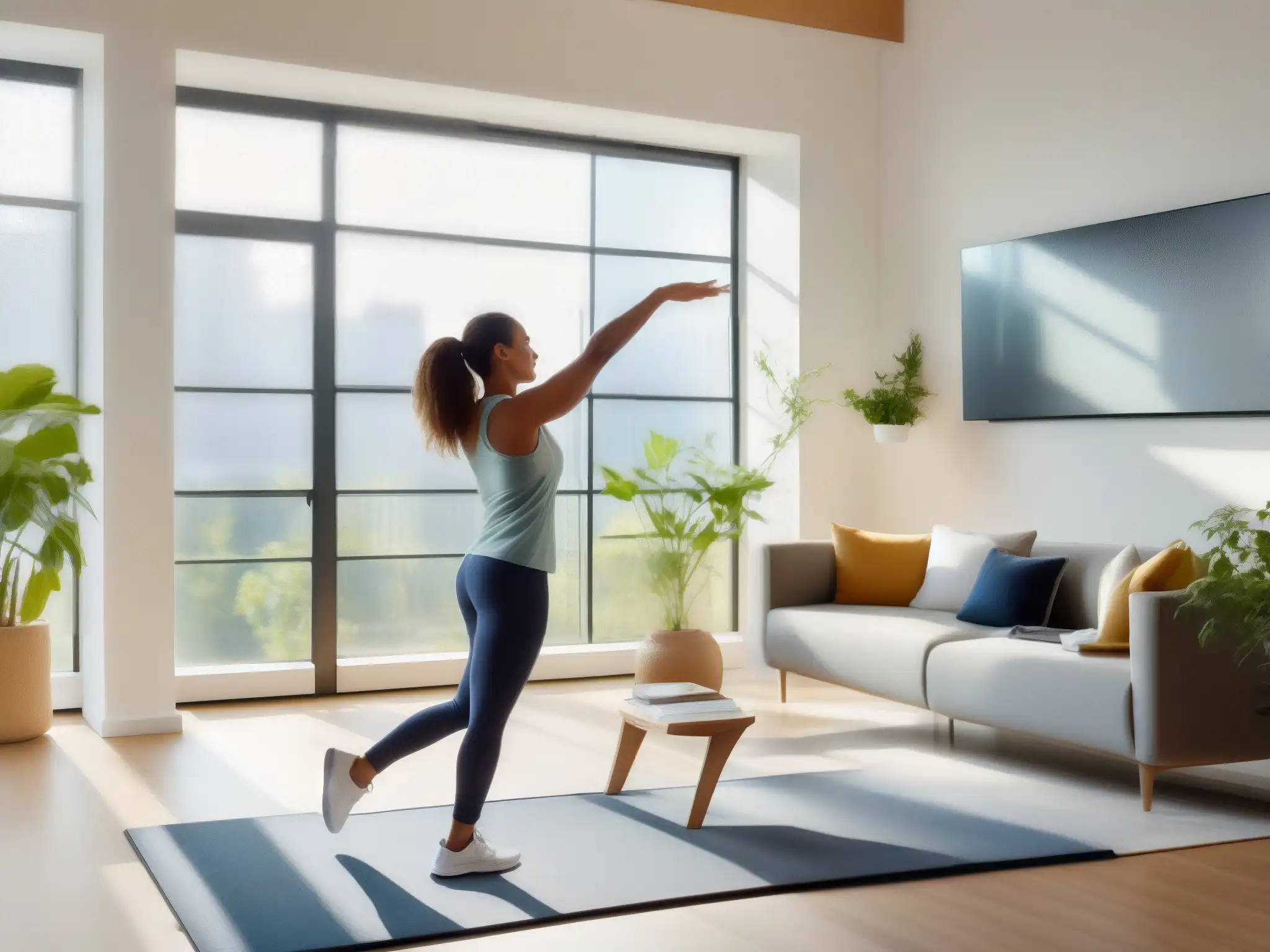 Teletrabajo activo: mujer en videoconferencia se estira en sala luminosa Una mujer en ropa deportiva se estira en una sala luminosa con ventanales amplios, participando en una videoconferencia