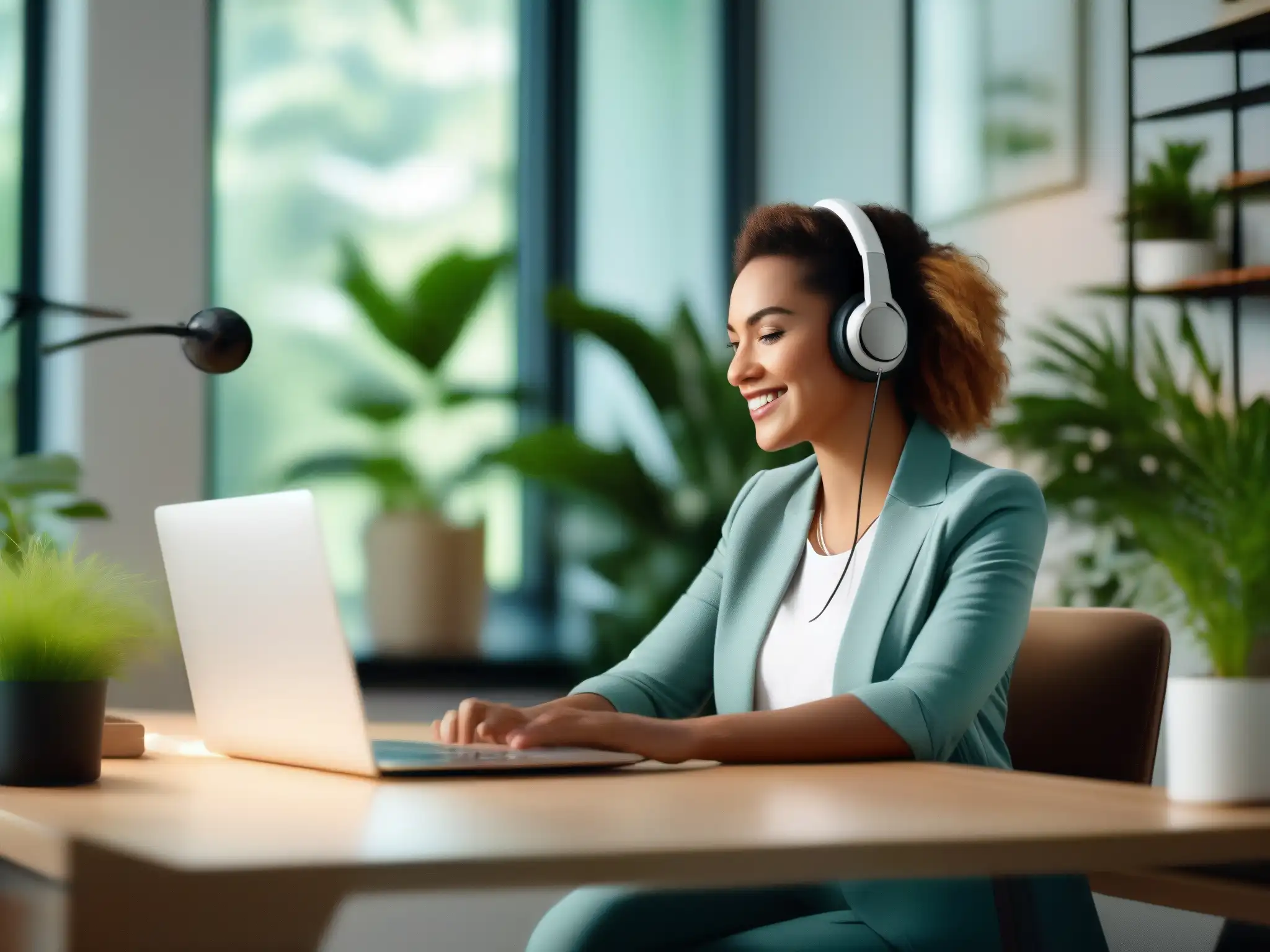Conferencia virtual en hogar moderno: equilibrio trabajo y vida Una mujer equilibrando trabajo y vida personal en una videoconferencia, rodeada de plantas y luz natural en su moderna oficina en casa