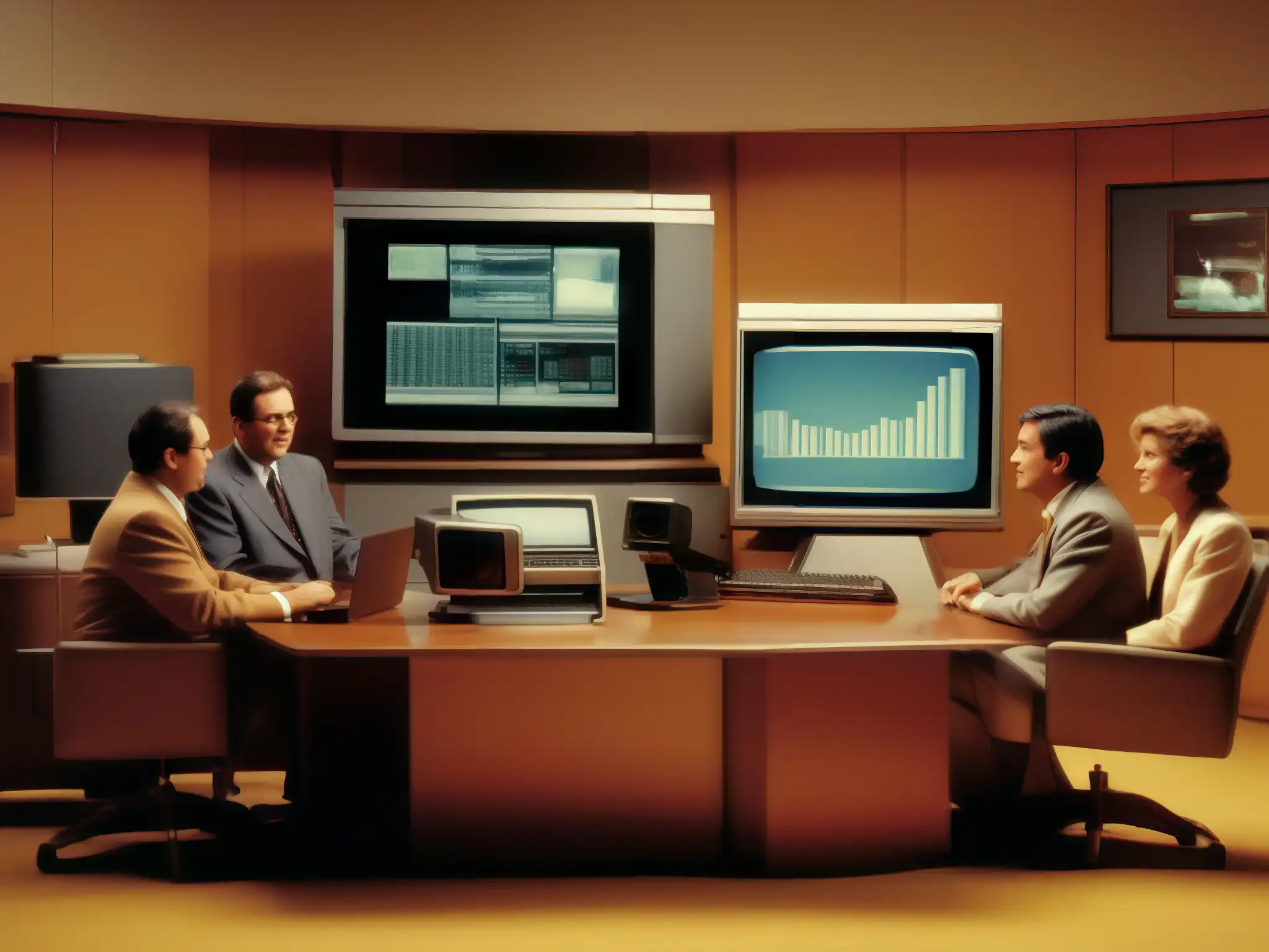Imagen detallada de videoconferencias vintage de los 80 Un nostálgico equipo de videoconferencia vintage de los 80, con monitores voluminosos y tecnología de cámara temprana