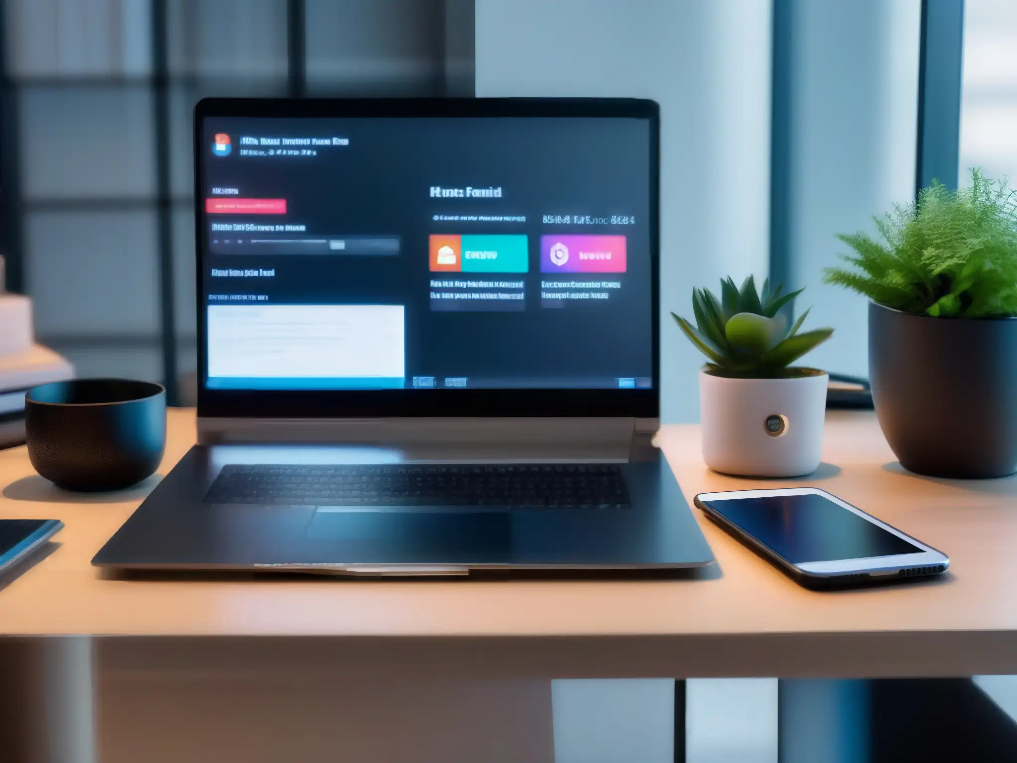 Configuración de notificaciones en el escritorio moderno Configurar notificaciones videoconferencias en un elegante escritorio de oficina moderno con tecnología y productividad