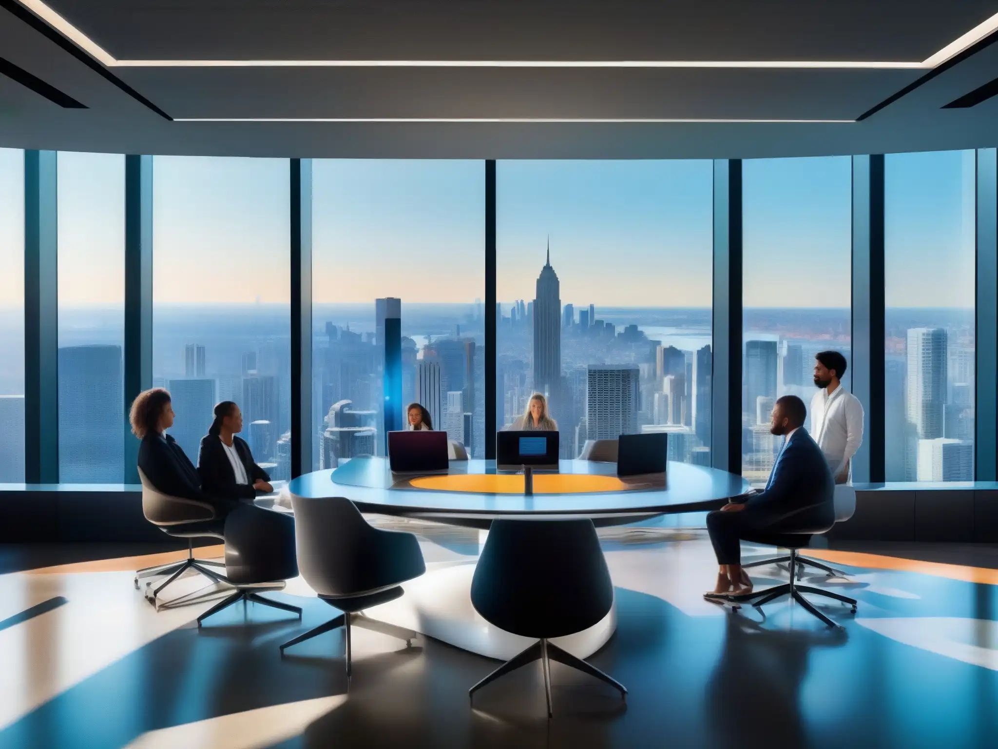 Sala de conferencias futurista con tecnología de vanguardia Nuevos jugadores en el mercado de videoconferencias: sala de conferencias futurista con tecnología de vanguardia y profesionales colaborando