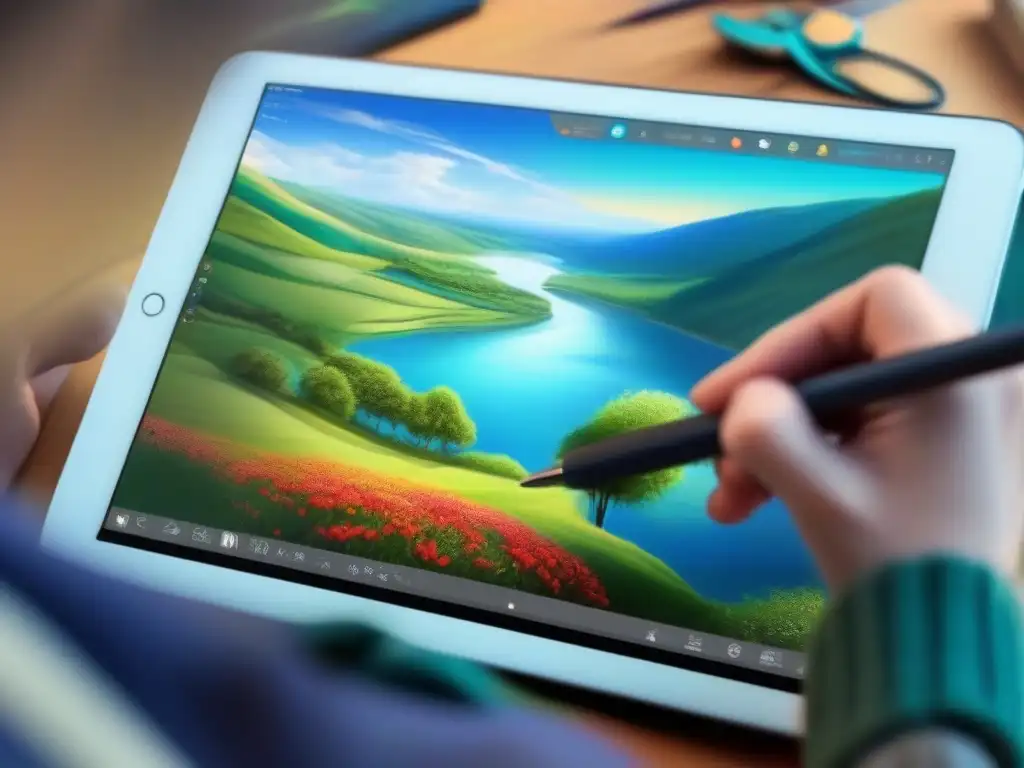 Creación de Arte Digital en Curso Online Una obra de arte digital detallada y vibrante se crea en una tableta mientras se enseñan metodologías de arte en videoconferencias