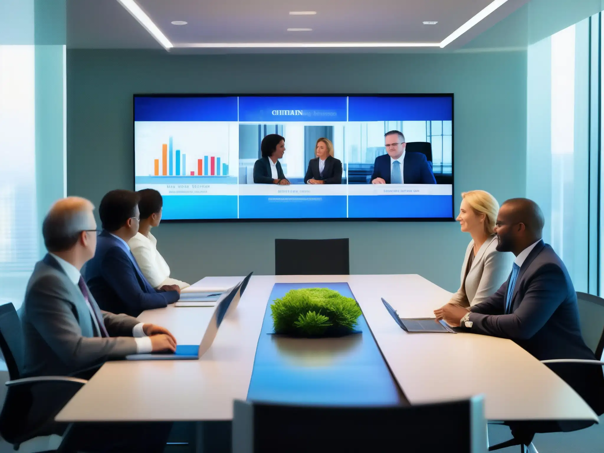 Videoconferencia eficiente de funcionarios públicos en sala moderna Oficiales gubernamentales en videoconferencia profesional con las mejores herramientas, en sala moderna y luminosa