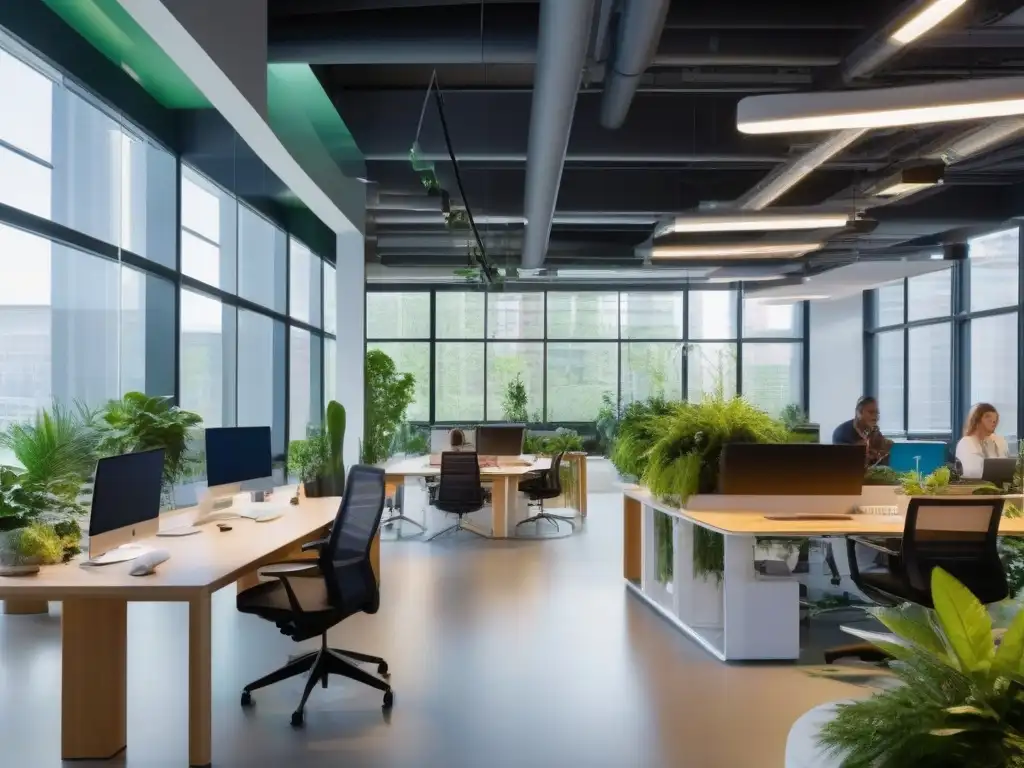Oficina moderna y dinámica: innovación y colaboración en acción Oficina abierta con colaboración dinámica, innovación y trabajo en equipo, reflejando el impacto de Facebook Workplace en comunicación interna
