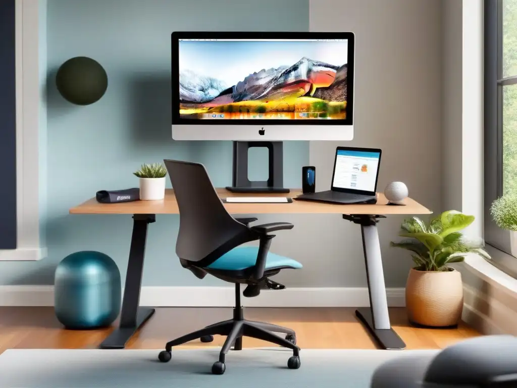 Oficina en casa con clase y actividad física Oficina en casa con escritorio de pie, monitor grande y vista panorámica