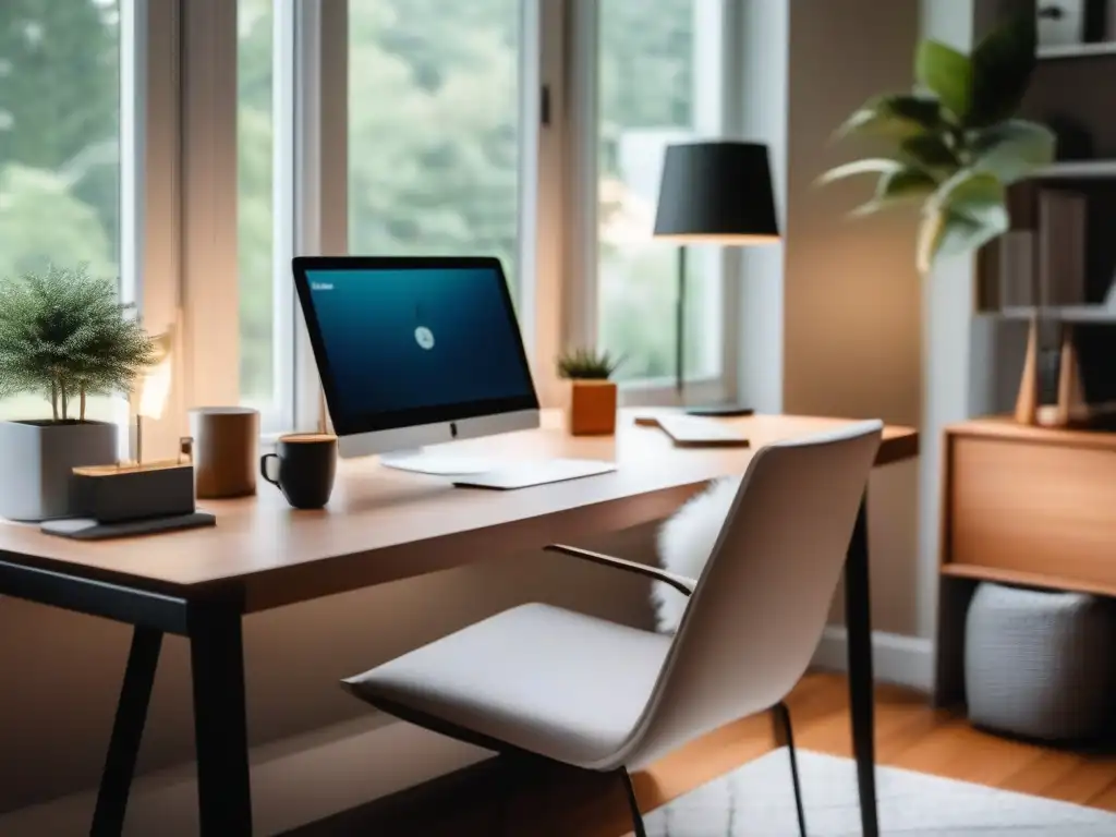 Oficina en casa acogedora con vista relajante Oficina en casa con estrategias de equilibrio vida personal para videoconferencias