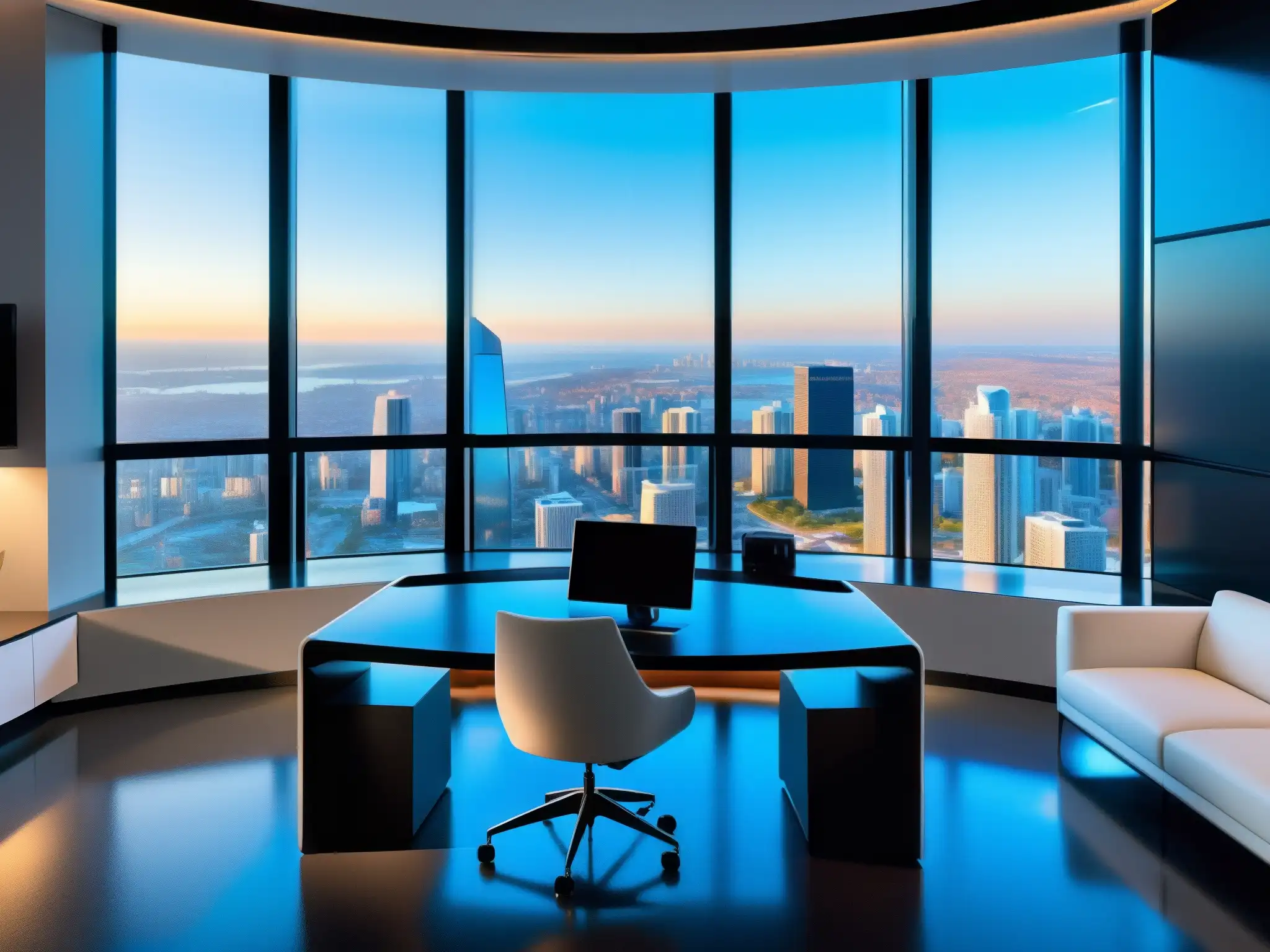 Oficina Futurista con Videoconferencia de Alta Tecnología Oficina en casa futurista con tecnologías emergentes para videoconferencias y teletrabajo, bañada en luz natural y vista panorámica de la ciudad