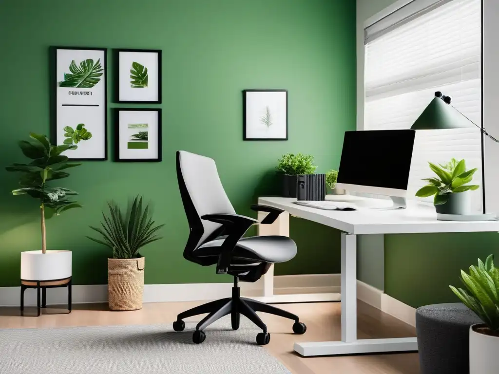 Oficina en casa ergonómica y acogedora Una oficina en casa bien iluminada y ergonómica para videoconferencia, con un diseño limpio y organizado, y toques de verde de plantas en macetas