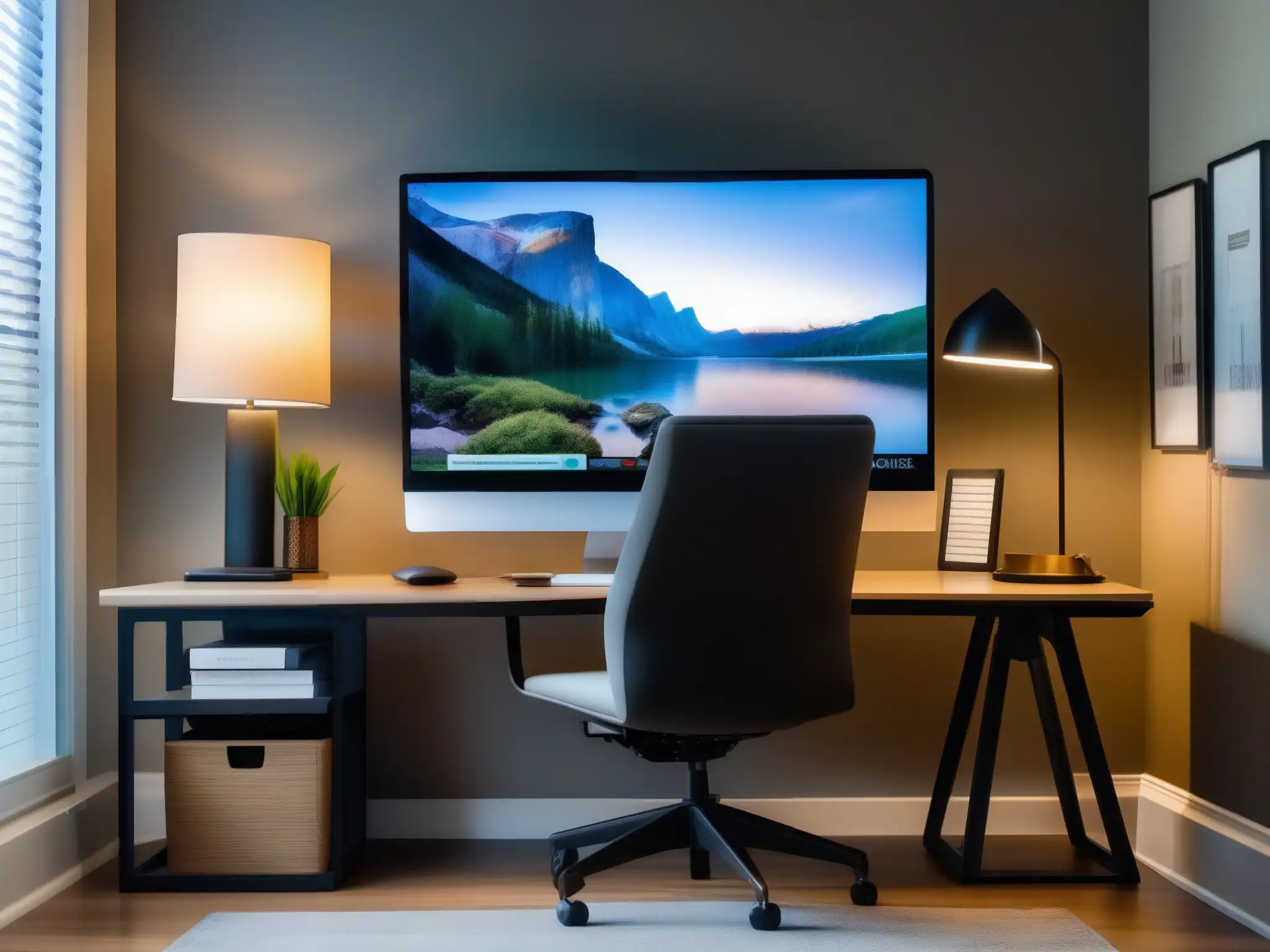 Oficina en casa bien iluminada para videoconferencias Oficina en casa bien iluminada para videoconferencias, con un escritorio moderno, una lámpara elegante y un monitor de alta resolución