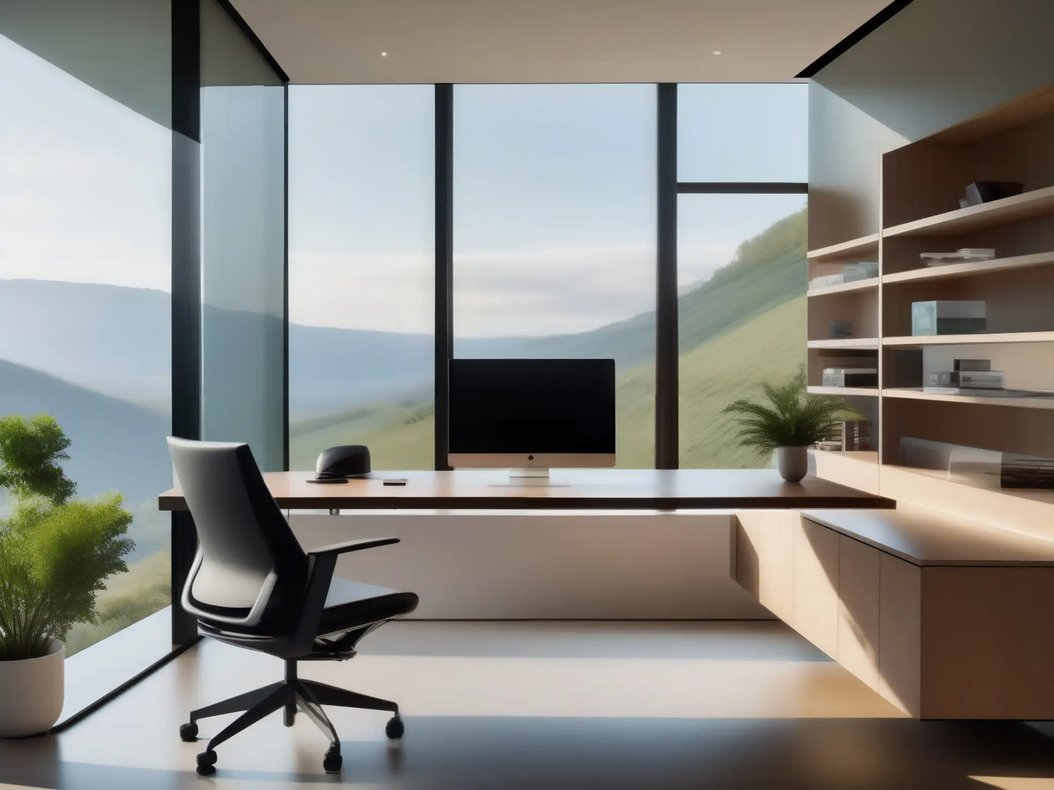 Oficina en casa con tecnología de videoconferencia de vanguardia Oficina en casa minimalista con sistema de videoconferencia automatizado para freelancers, bañada por luz natural y vista panorámica