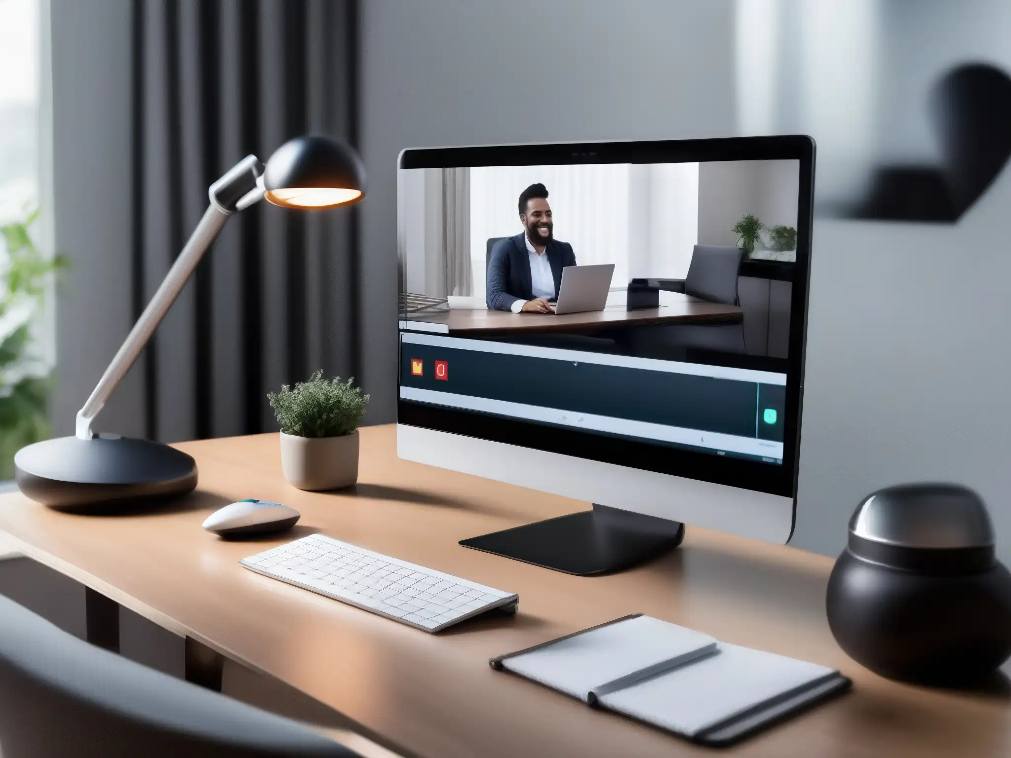 Oficina en casa para videoconferencias profesionales Una oficina en casa moderna con equipo de videoconferencia profesional y analítica para videoconferencias profesionales