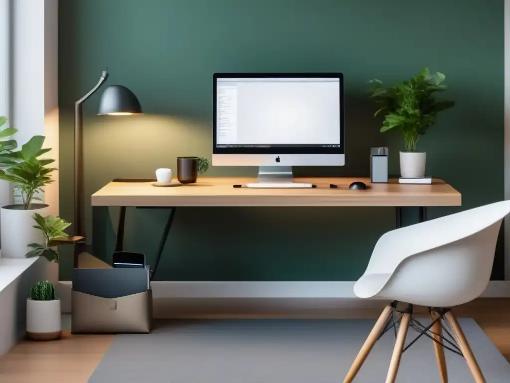 Oficina en casa minimalista y productiva con monitor ultrapanorámico y silla ergonómica Oficina en casa moderna y minimalista para videoconferencias, prevención fatiga visual