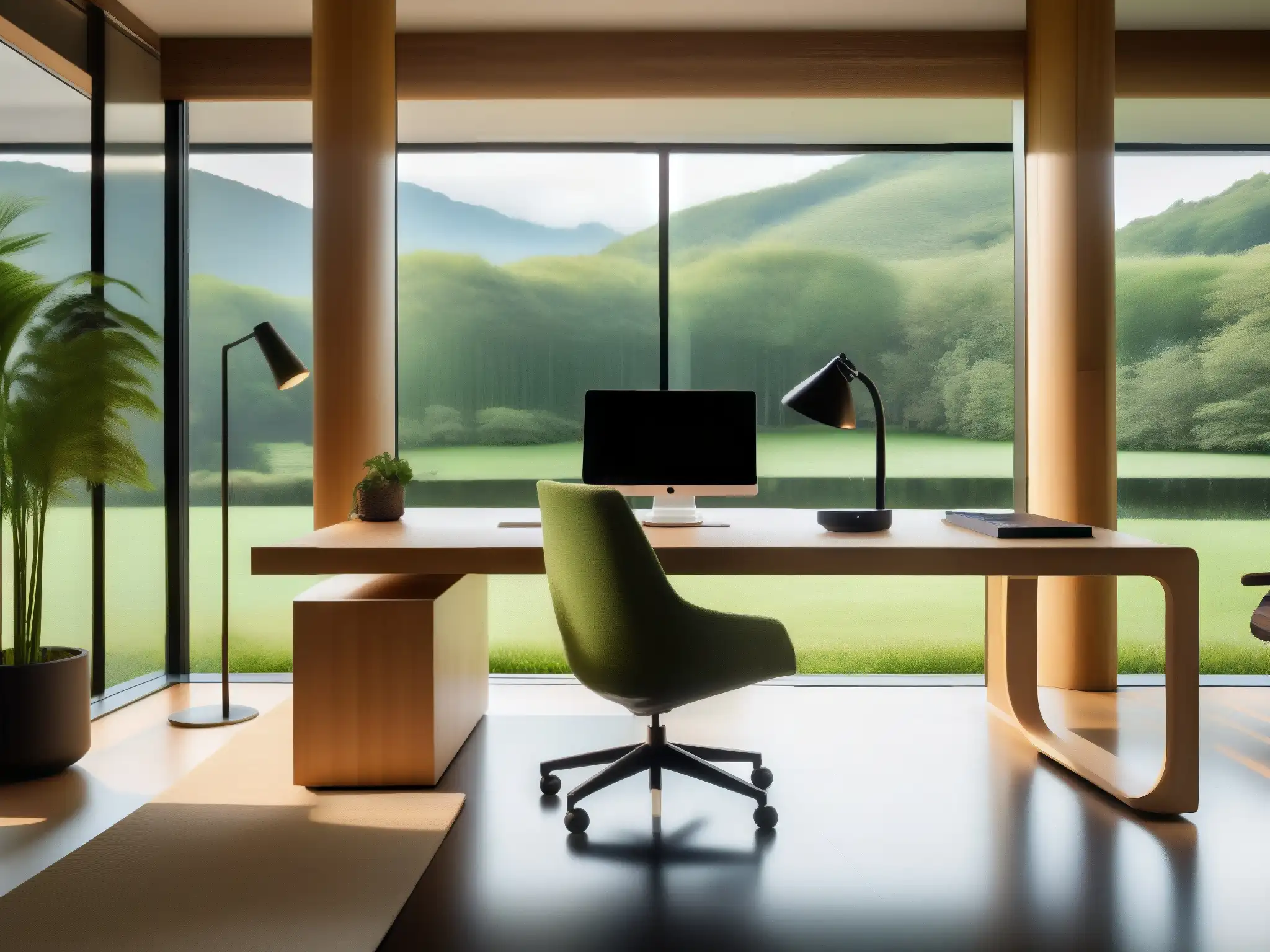 Oficina ecológica con sistema de videoconferencia de vanguardia Oficina en casa moderna y sostenible con videoconferencias profesionales, rodeada de naturaleza exuberante y luz natural cálida