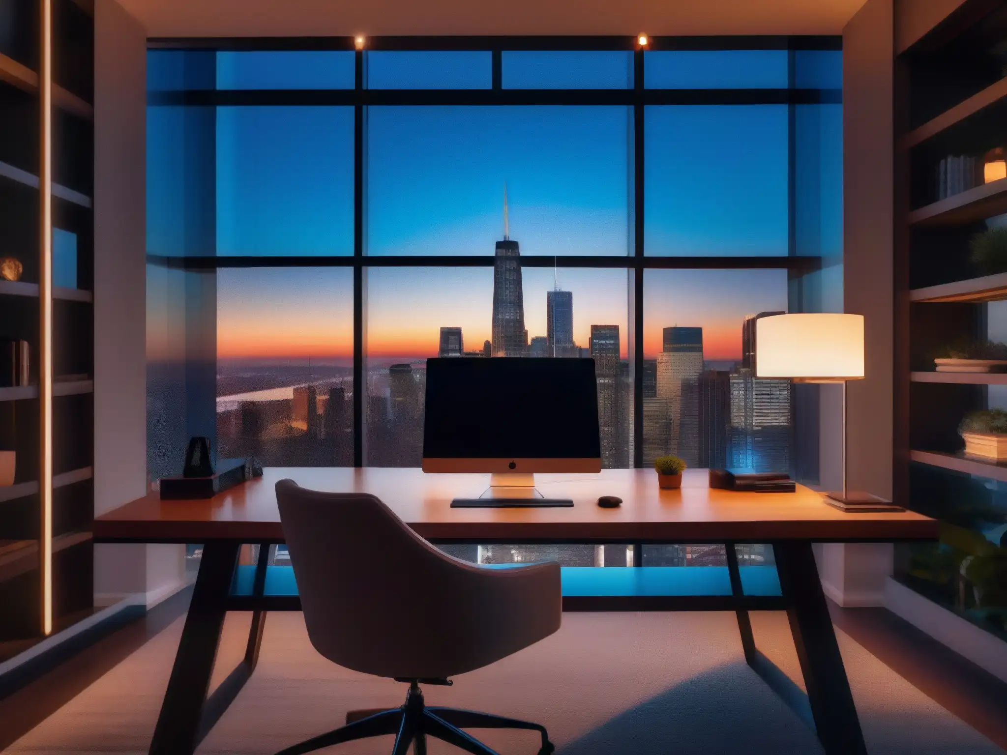 Oficina moderna con vista panorámica de la ciudad al atardecer Oficina en casa moderna con vista panorámica de la ciudad al atardecer, destacando los efectos psicológicos de las videoconferencias en el trabajo remoto