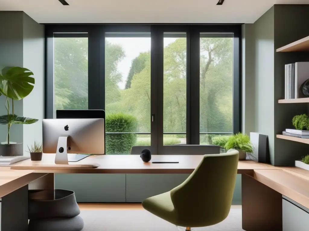 Oficina en casa con vista relajante y luz natural Oficina en casa: consejos salud mental videoconferencias en entorno sereno y luminoso, con ventana abierta a jardín verde