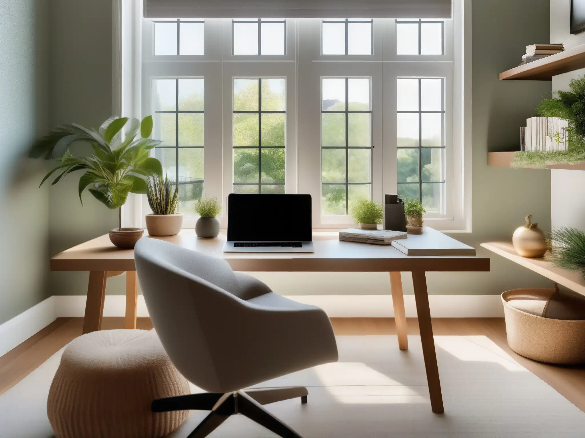 Oficina en Casa Serena y Profesional para Videoconferencias Oficina en casa tranquila con luz natural, decoración minimalista y espacio para videoconferencias