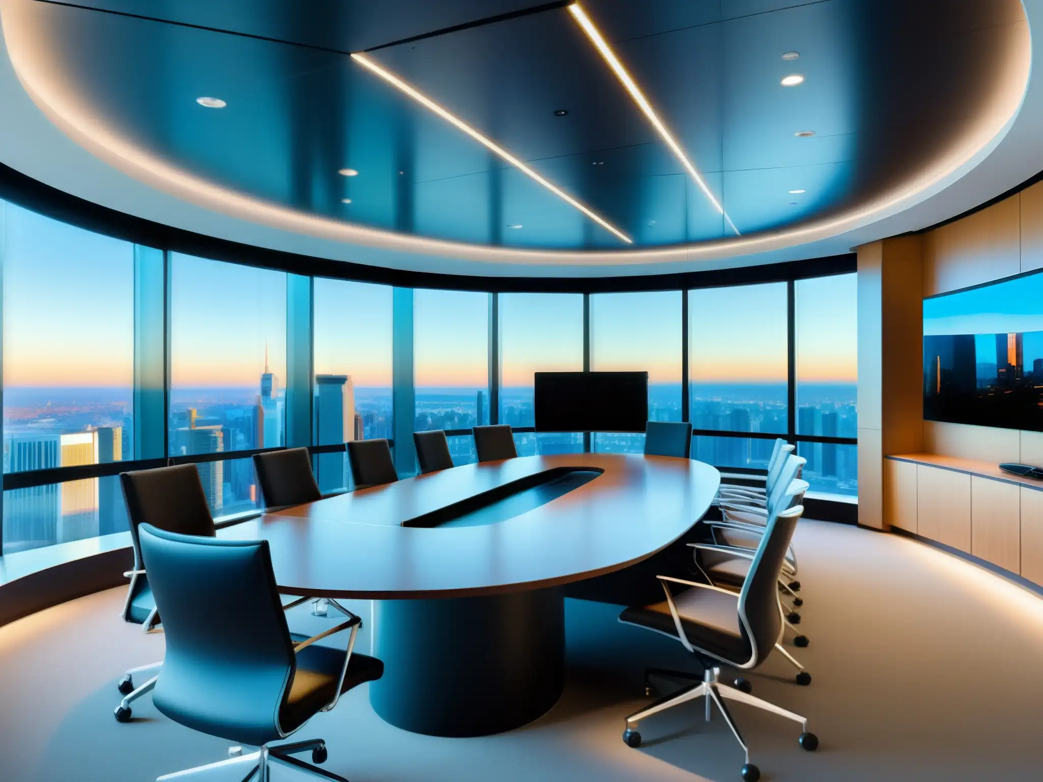 Sala de conferencias futurista con tecnología de vanguardia Una oficina corporativa futurista con tecnología de videoconferencia escalable, bañada en luz natural con vista a la ciudad