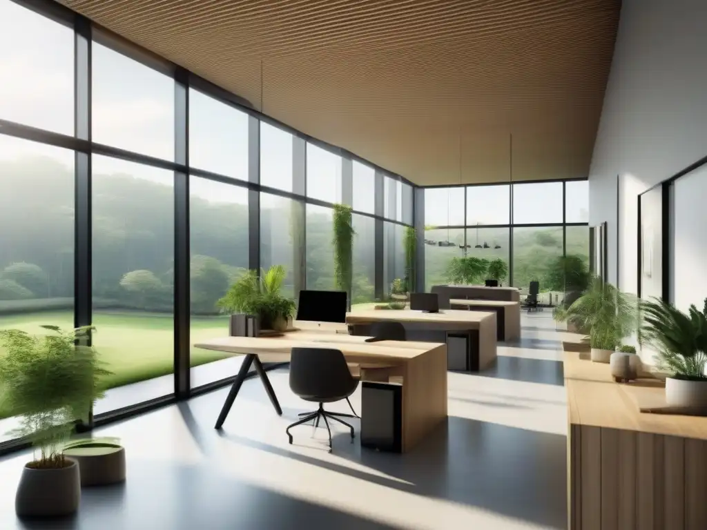 Oficina ecofriendly con vista a la naturaleza Oficina ecológica con diseño moderno y vista a la naturaleza