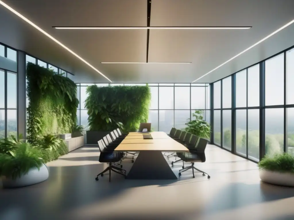 Oficina moderna y ecológica con abundante vegetación y diseño sostenible Oficina ecoamigable con luz natural, plantas vibrantes y beneficios de videoconferencias en empresas sostenibles