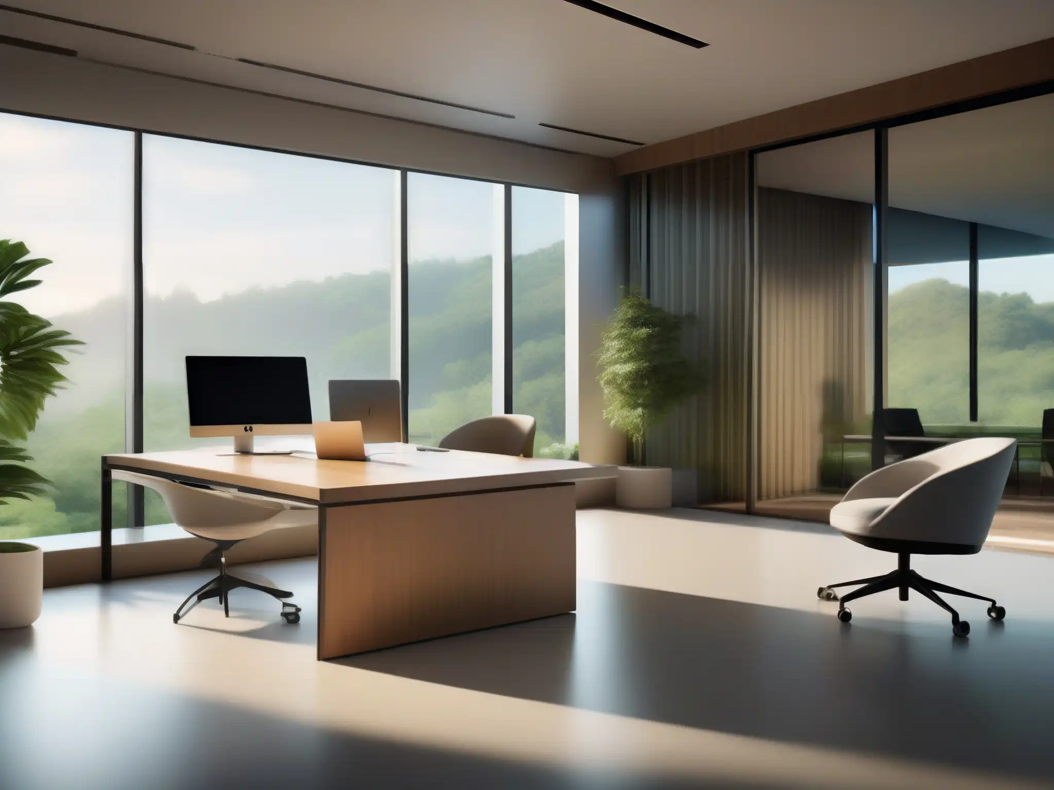Oficina minimalista con vista panorámica y tecnología ecofriendly Oficina eco-amigable con plataformas de videoconferencia bajo consumo energético, iluminada por luz natural y vistas a un paisaje verde exuberante