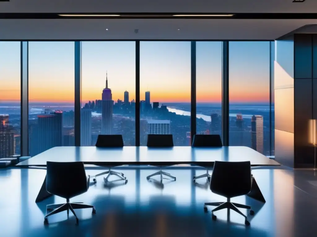 Sala de reuniones futurista con vista panorámica Oficina futurista con herramientas de videoconferencia profesionales y vista a la ciudad