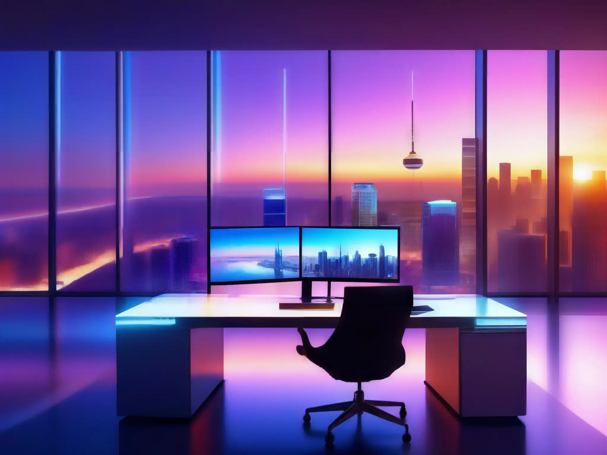 Oficina futurista con hologramas y vista a la ciudad Oficina futurista con hologramas y vistas panorámicas, ideal para videoconferencias personalización fondos virtuales