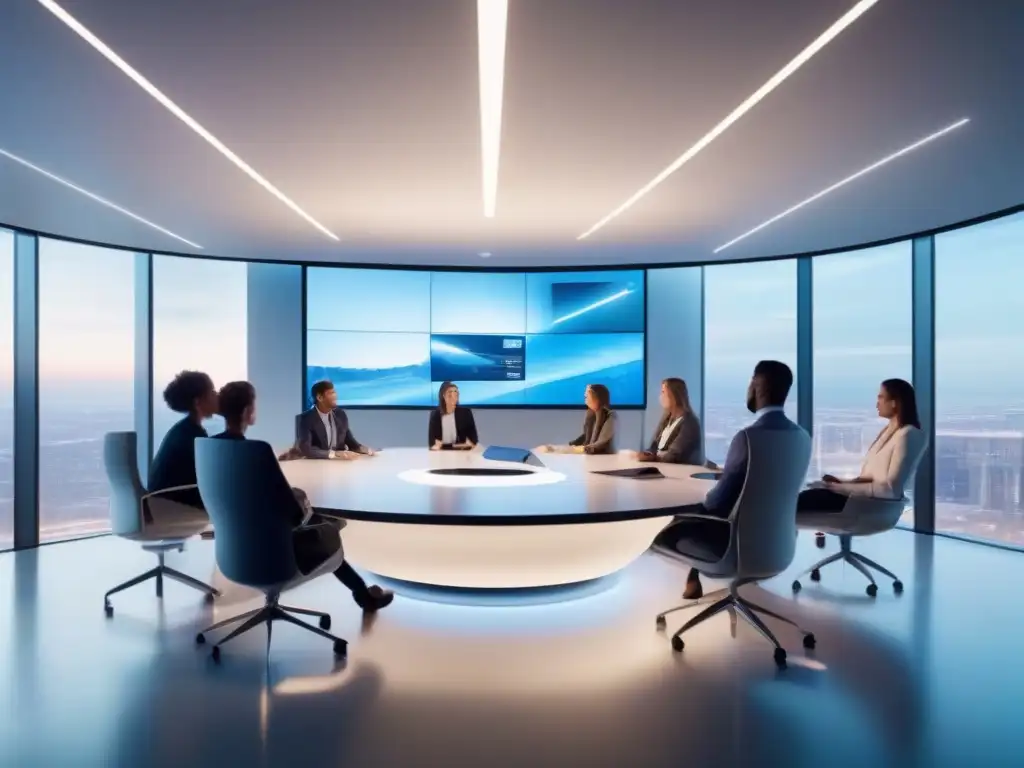 Oficina futurista con videoconferencia de alta tecnología Oficina futurista con impacto en videoconferencias en trabajo remoto
