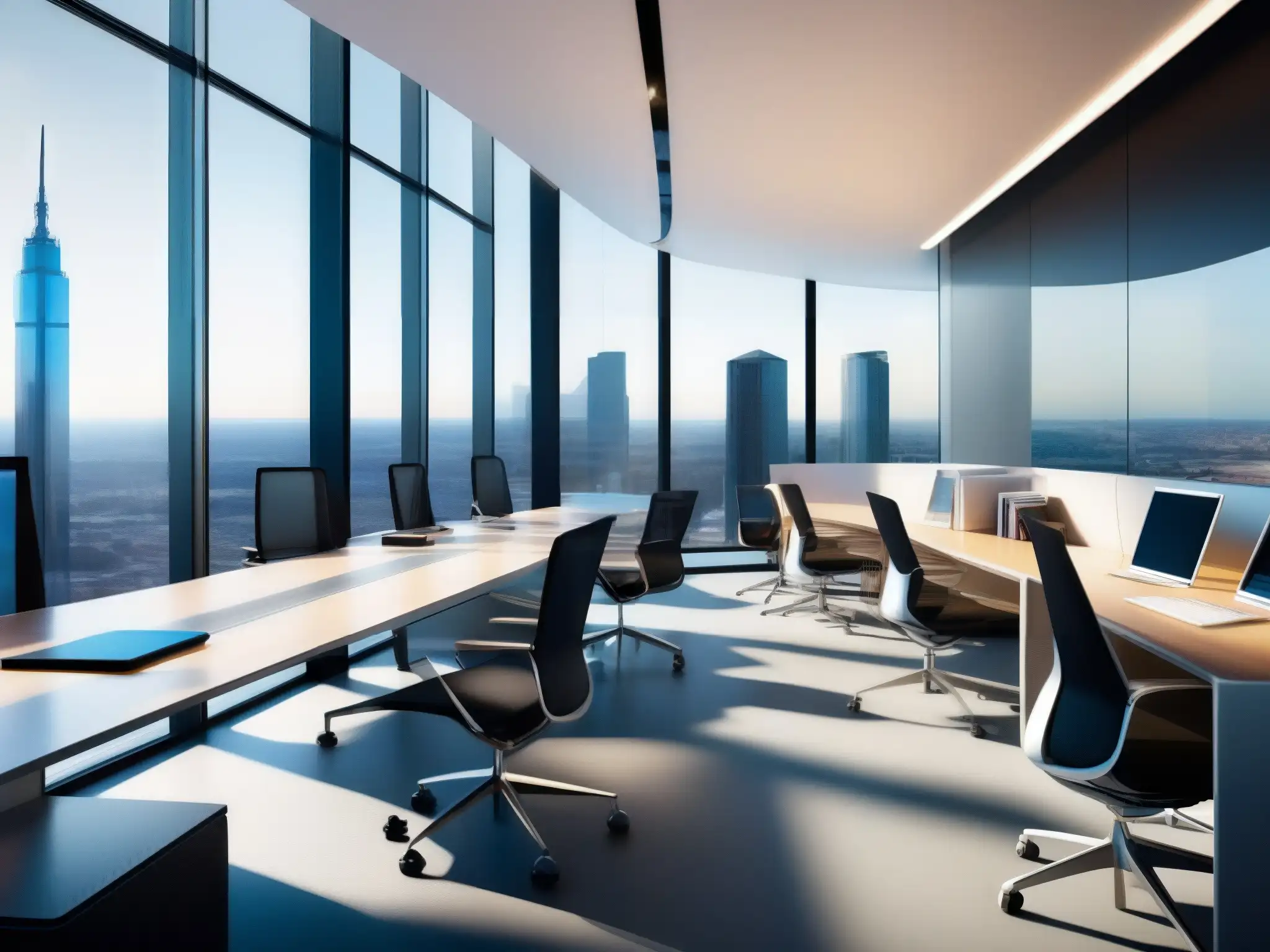 Oficina futurista con tecnología integrada y vistas panorámicas Oficina futurista con integración de Chime en ambientes corporativos, decorada con muebles modernos y tecnología avanzada, bañada en luz natural