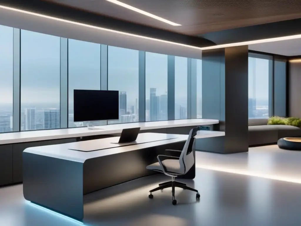 Oficina futurista con mesa minimalista y tecnología de vanguardia Oficina futurista con integración CRMs herramientas videoconferencia, elegante y eficiente, bañada en luz natural
