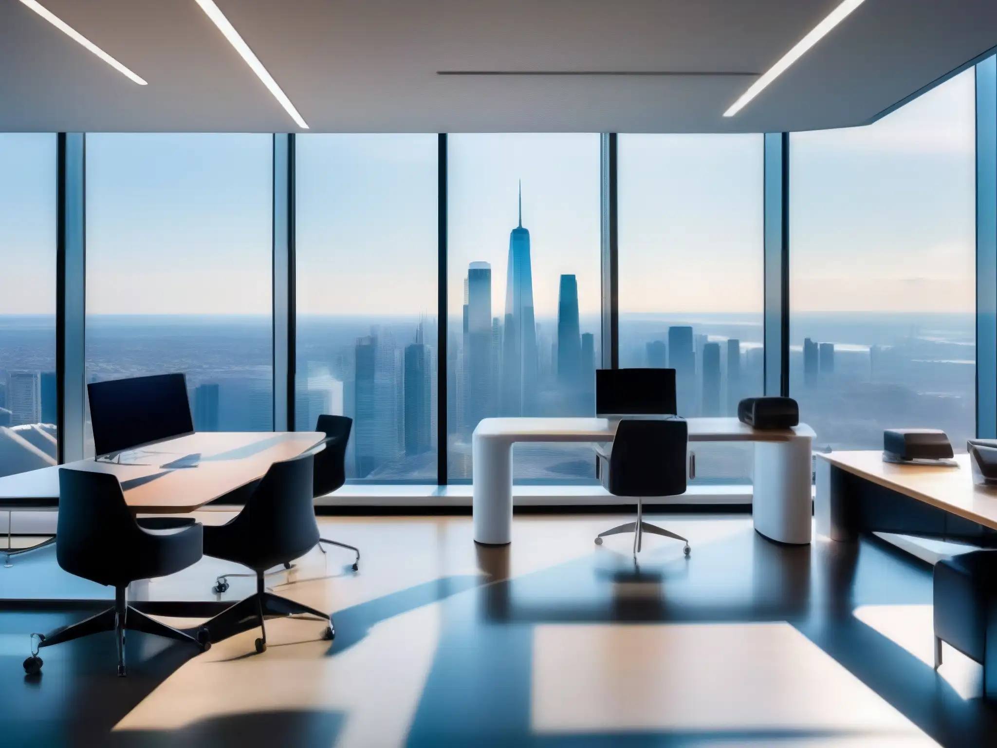 Oficina futurista con vista panorámica y tecnología de vanguardia Una oficina futurista y luminosa con integraciones clave BlueJeans para empresas, moderna tecnología y una vista impresionante de la ciudad