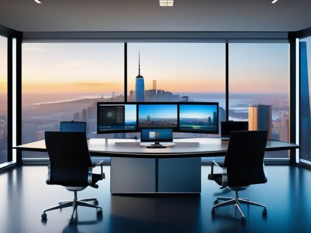 Oficina futurista con vista panorámica y tecnología de vanguardia Oficina futurista con mobiliario minimalista, equipo de videoconferencia y software contable en la nube