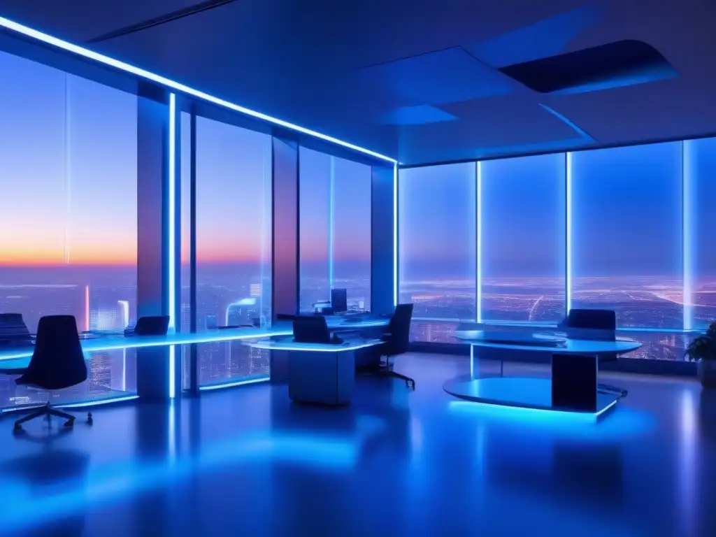 Oficina futurista con tecnología 5G y colaboración dinámica Oficina futurista con preparación para empresa transición videoconferencia 5G en un ambiente innovador y vanguardista