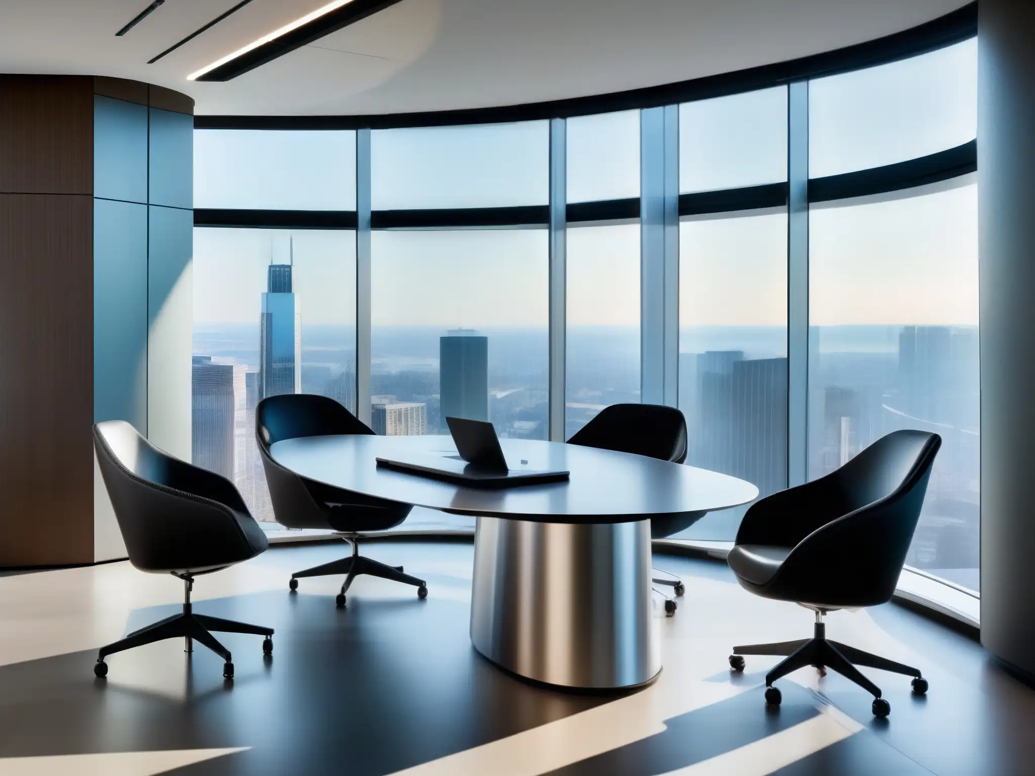 Oficina futurista con tecnología de vanguardia Oficina futurista con tecnologías emergentes para videoconferencias y teletrabajo, bañada en luz natural con vista a la ciudad