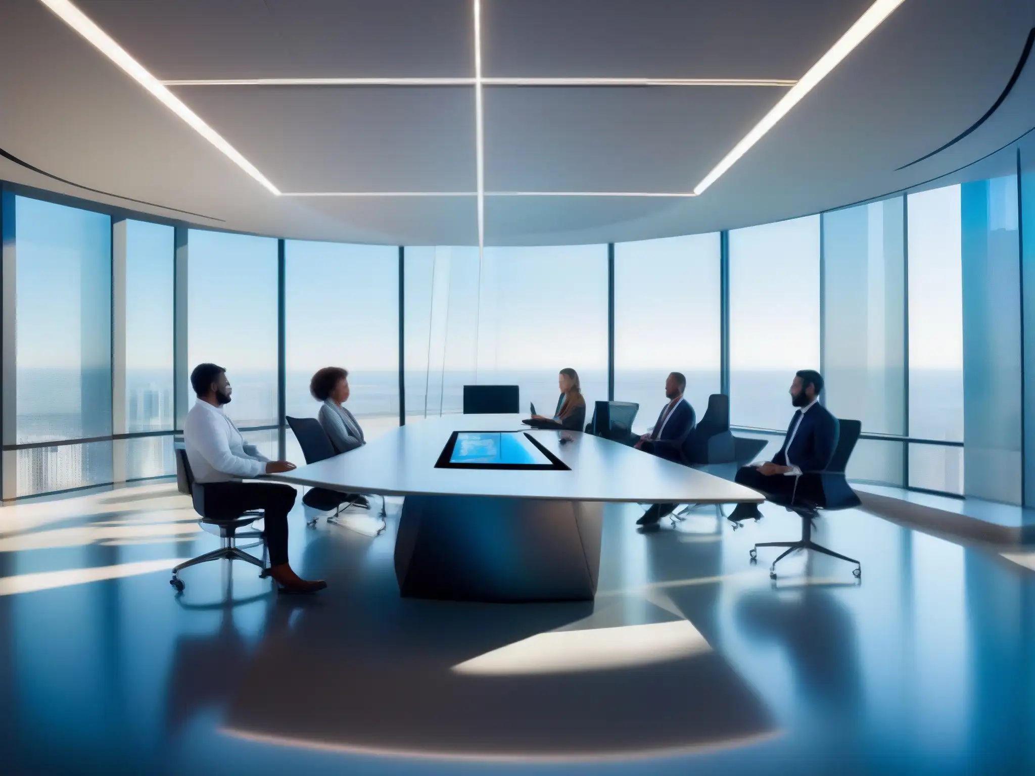 Oficina futurista con videoconferencia holográfica Oficina futurista con tecnologías emergentes, videoconferencias y ambiente de teletrabajo eficiente y colaborativo