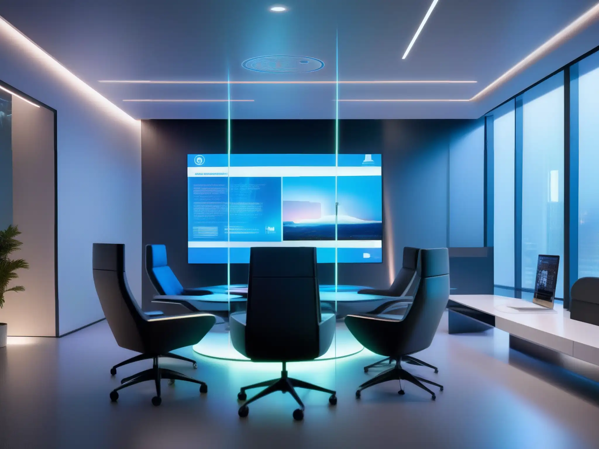 Sala de reuniones futurista con videoconferencia AI Oficina futurista con videoconferencia y tecnología AI, impacto IA videoconferencias reuniones virtuales