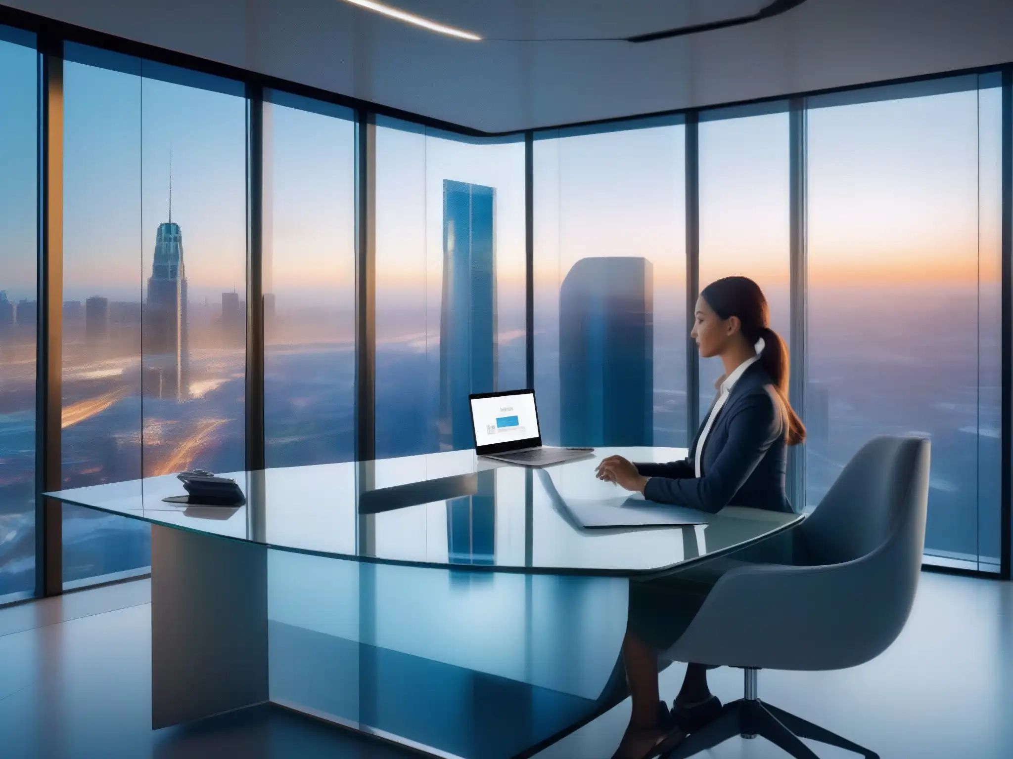 Oficina Futurista: Videoconferencia Profesional y Análisis Predictivo AI Oficina futurista con videoconferencias y análisis predictivo en tiempo real