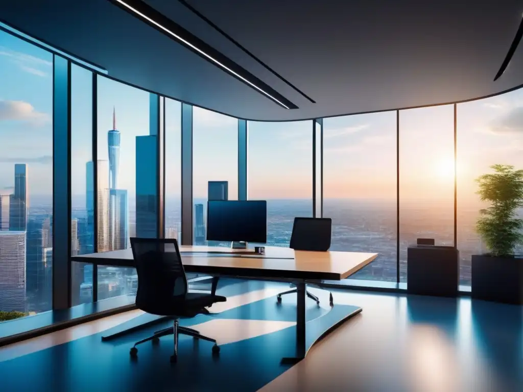 Sala de conferencias futurista con vistas urbanas en 8K Oficina futurista con videoconferencias automatizadas para colaboración eficiente