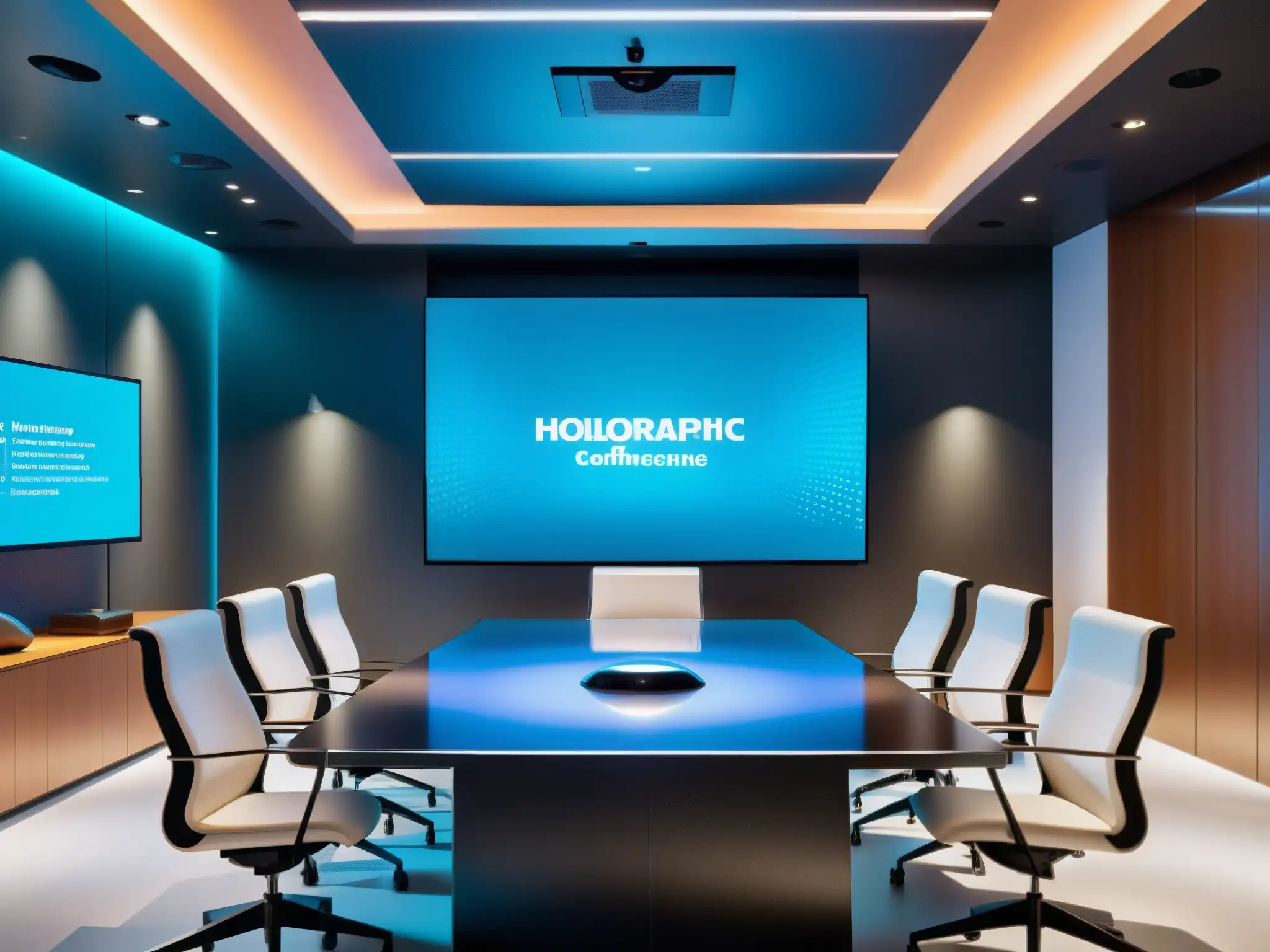 Oficina futurista con sistema de videoconferencia AI avanzado Oficina futurista con tecnología AI para videoconferencias corporativas, iluminación ambiental suave y diseño vanguardista
