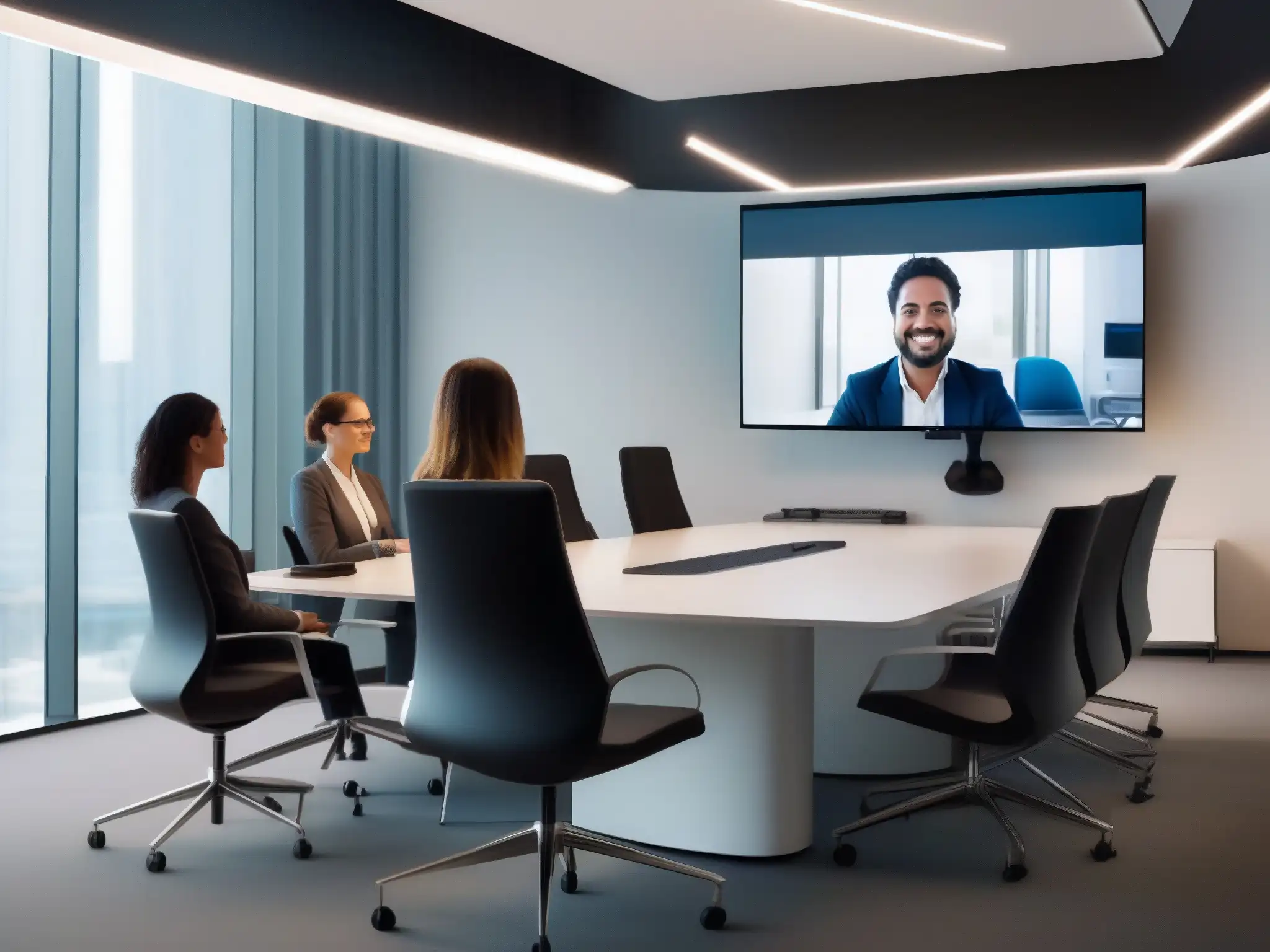 Conferencia virtual profesional en espacio moderno Oficina minimalista con integraciones LMS para videoconferencia, ambiente profesional y tecnológico