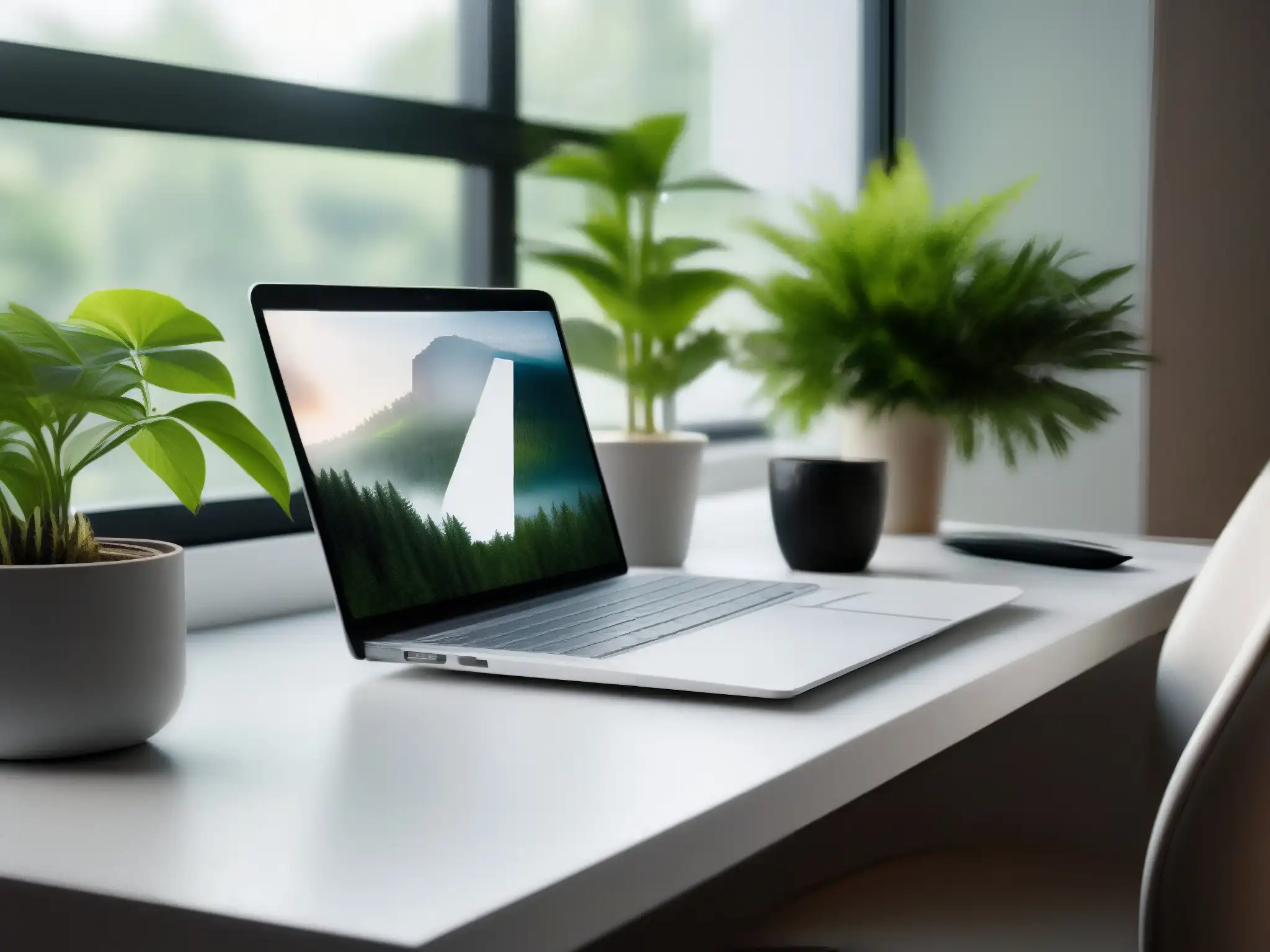 Espacio de trabajo sereno y minimalista para desconectar Una oficina minimalista y serena con vista a la naturaleza