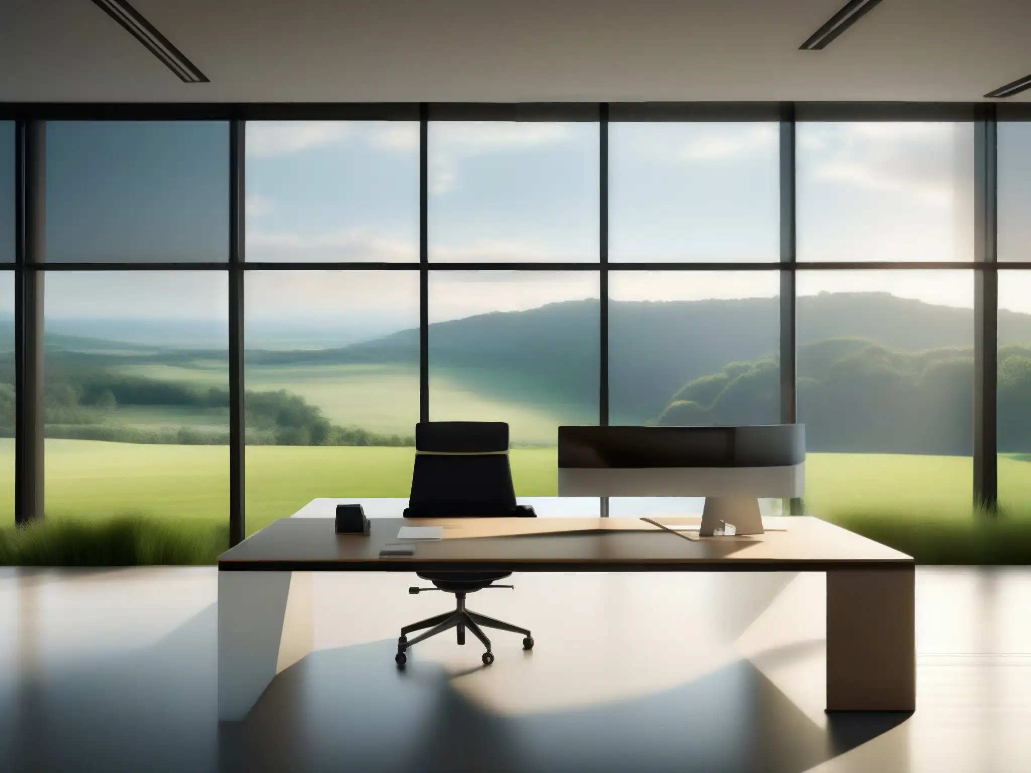 Oficina minimalista eco-friendly con vista panorámica Oficina minimalista con vista a paisaje verde, videoconferencia en monitor ecoamigable