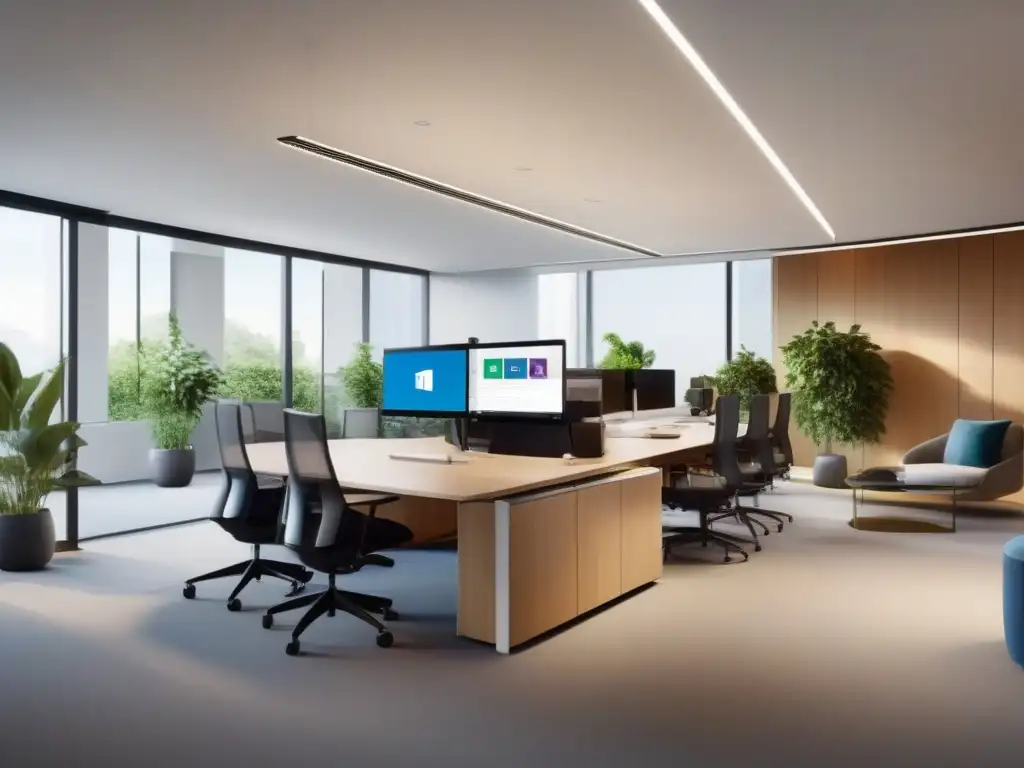 Oficina moderna con Microsoft Teams: colaboración digital profesional Oficina moderna con ambiente colaborativo y tecnología de Microsoft Teams, reflejando la Transformación Digital Multinacional