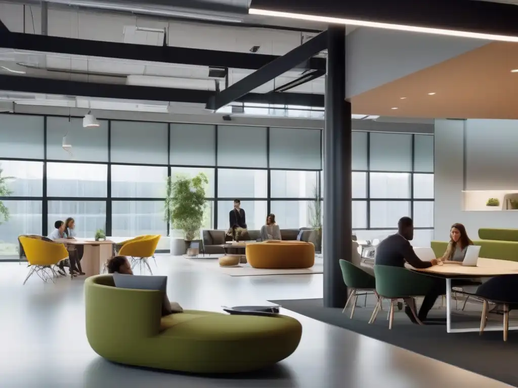 Oficina moderna y colaborativa: espacio creativo y productivo Oficina moderna con ambiente creativo y colaborativo para análisis de productividad de Hangouts