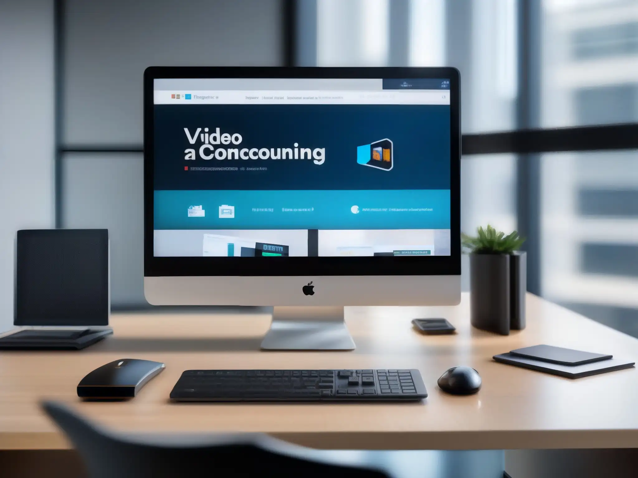 Oficina moderna con videoconferencias y software de contabilidad en la nube Oficina moderna con compatibilidad software contabilidad nube y videoconferencia, iluminada por luz natural
